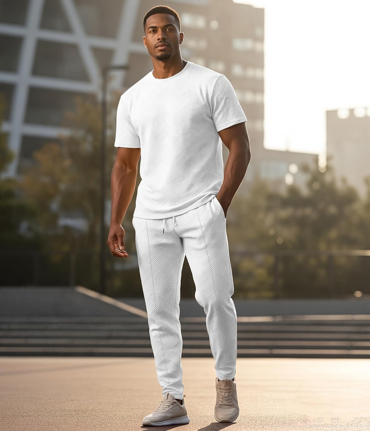 UOUA Mens 2 Piece Sweatsuit Set Short Sleeve Sweatshirt Jogging Sweatpants Tracksuits Outfits - Image 4