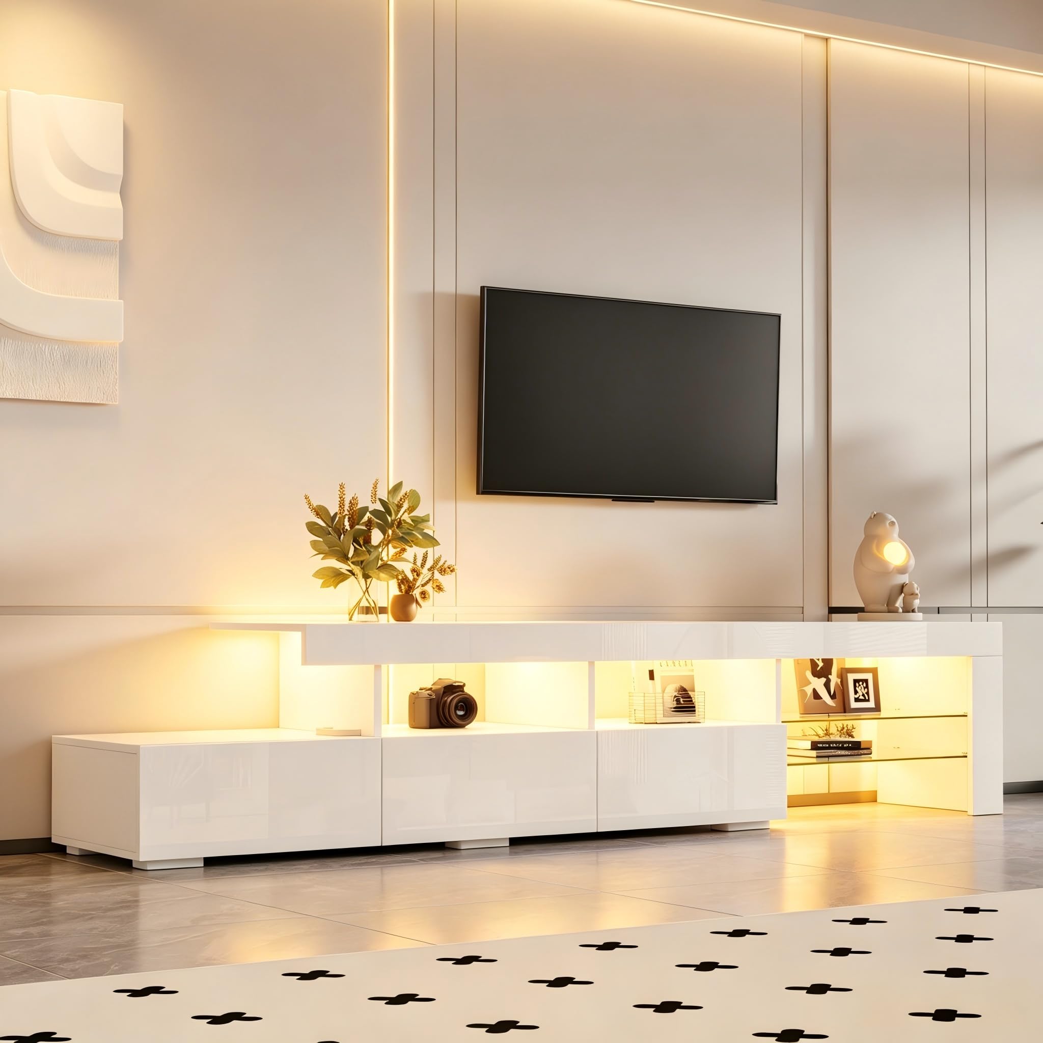 Meuble TV LED 180 cm, Meuble Tele avec Rangement, Meuble TV LED Haute Brillance, pour TV jusqu'à 75 Pouces, Blanc, 180 x 35 x 45 cm