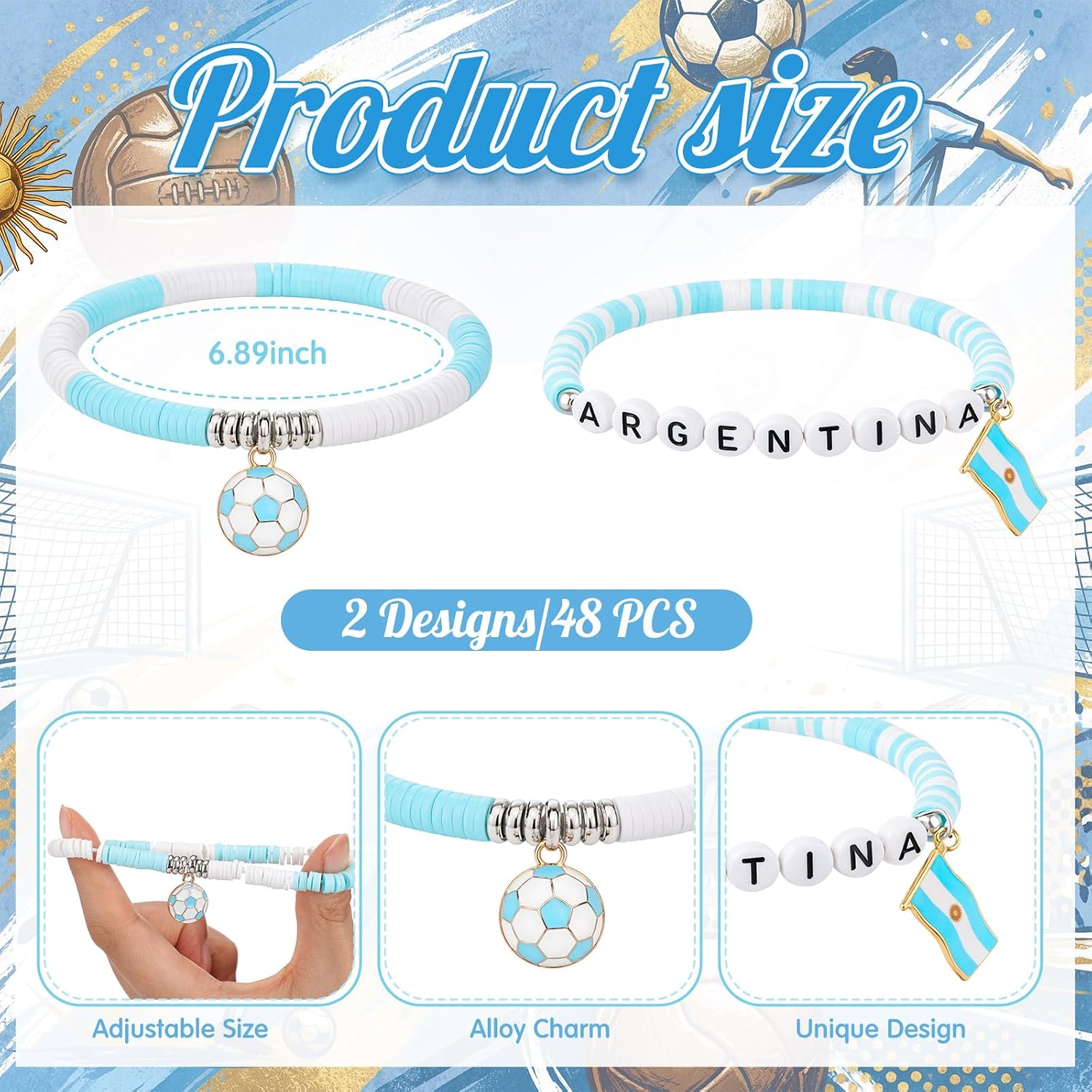 48 Pcs Argentina Soccer Bracelets Soccer Match Gifts Bulk for Team Party Favors Football Lovers Sports Events Game Day Party Supplies