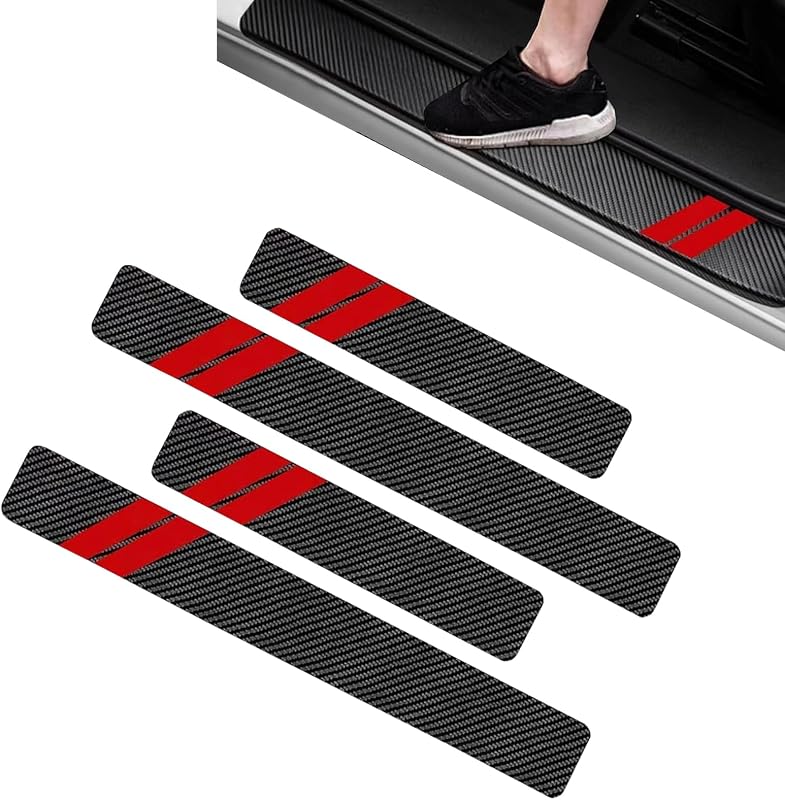 4PCS Door Sill Protector Compatible with Dodge Charger Challenger, Fiber Leather Door Sill Guard Decoration Stickers, Universal for SUV, Sedan (Red & Black)
