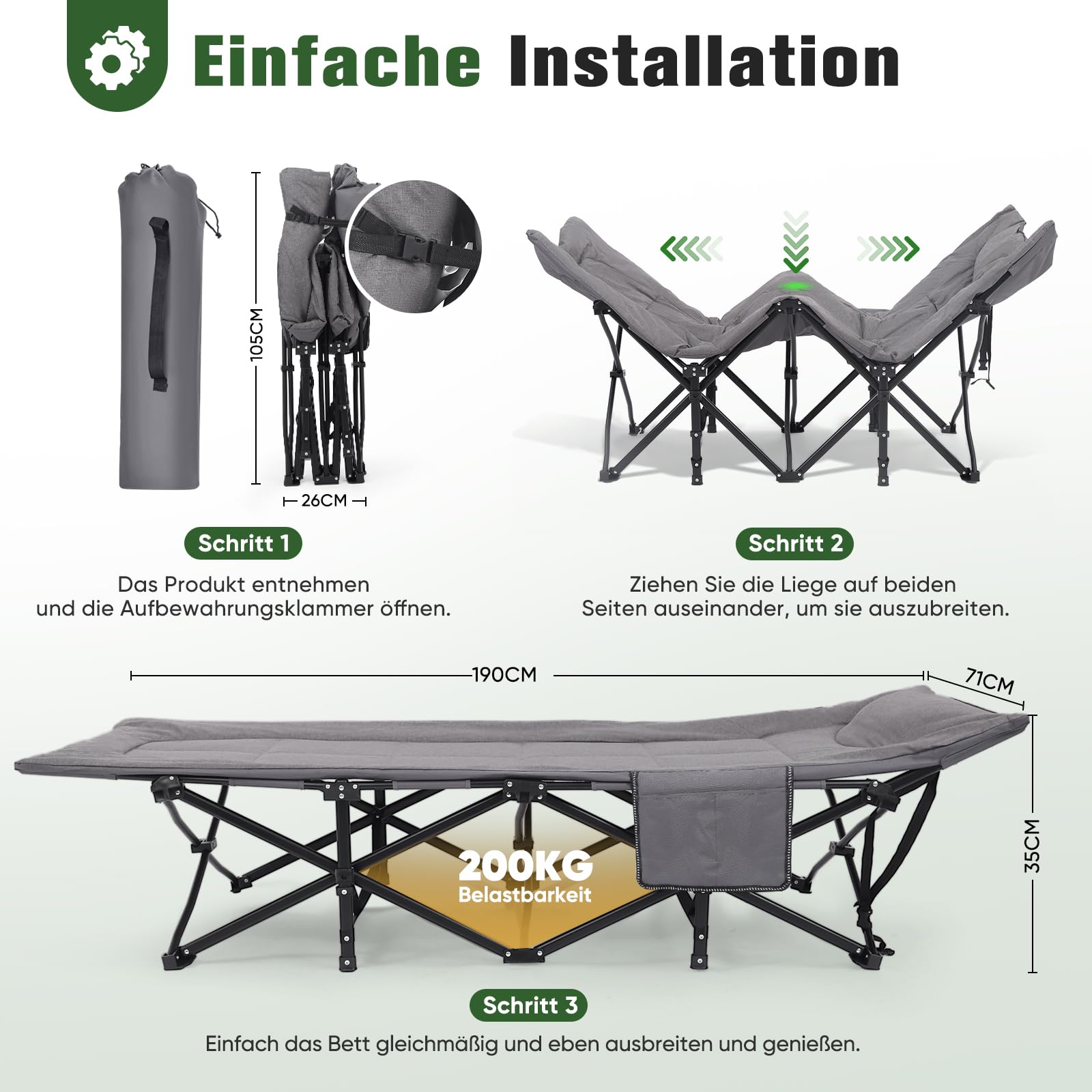 Sekey Campingbett klappbar mit Polster & Seitentasche, bis 190 x 71 x 36 cm, überbreite Liegefläche, Campingliege/Sonnenliege für Outdoor & Indoor – ideal für Garten, Camping, Festival und Reise