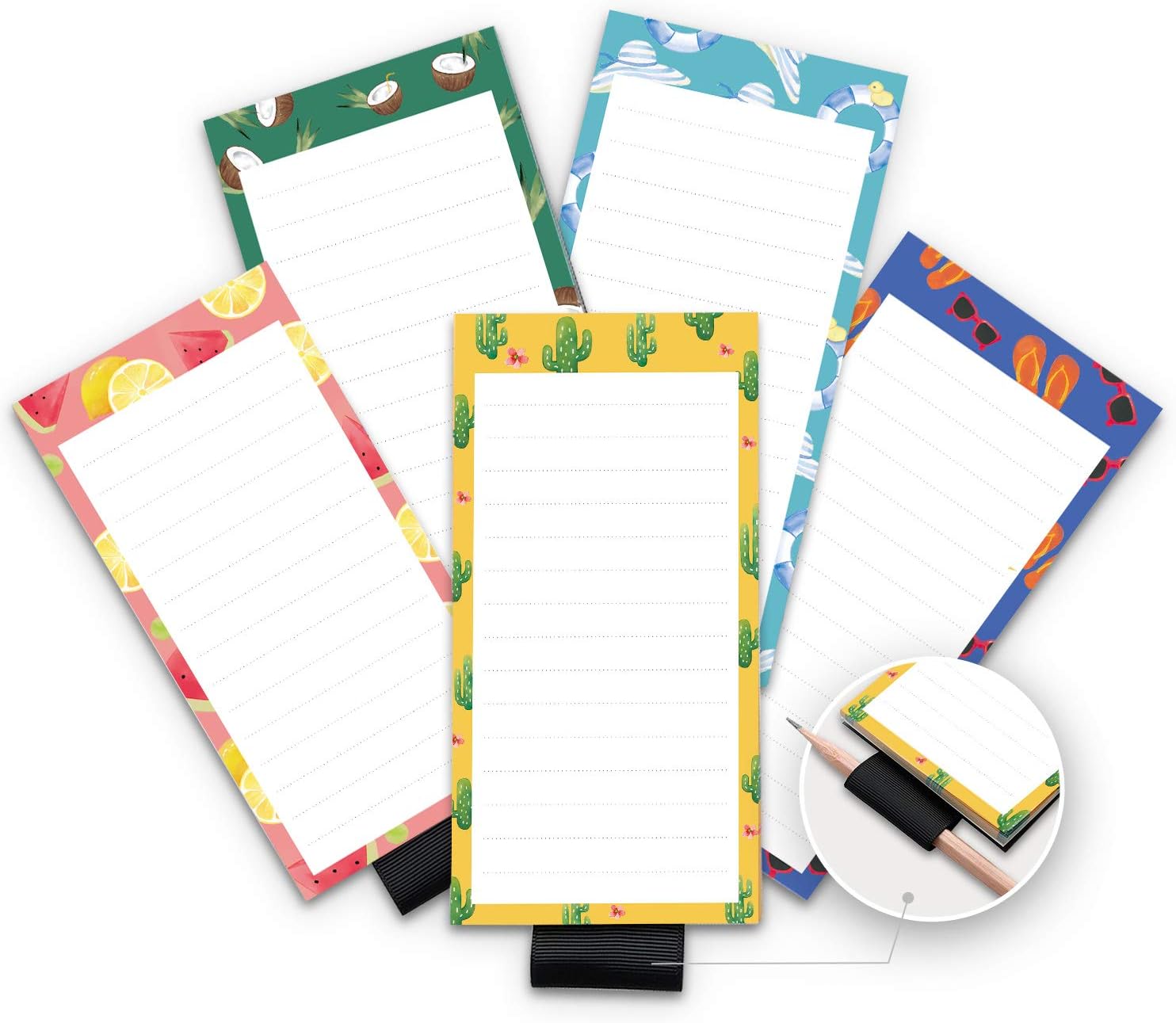 5 Pack Magnetic Notepads for Fridge with Pen Holder, Full Magnet Back Notepad, To Do List, Grocery Shopping, Summer Theme, 6" x 3", 50 Sheets, Magnet Memo Pad for Fridge, Locker, File Cabinet, etc