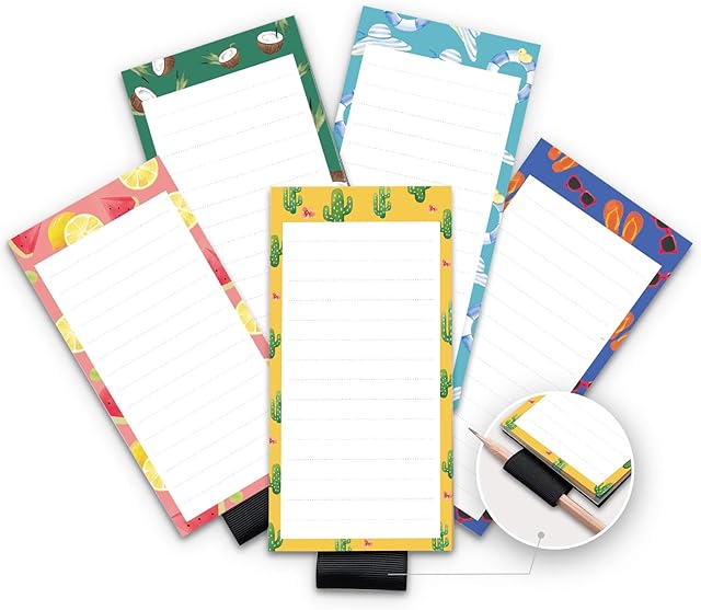 5 Pack Magnetic Notepads for Fridge with Pen Holder, Full Magnet Back Notepad, to Do List, Grocery Shopping, Summer Theme, 6" x 3", 50 Sheets, Magnet Memo Pad for Fridge, Locker, File Cabinet, etc