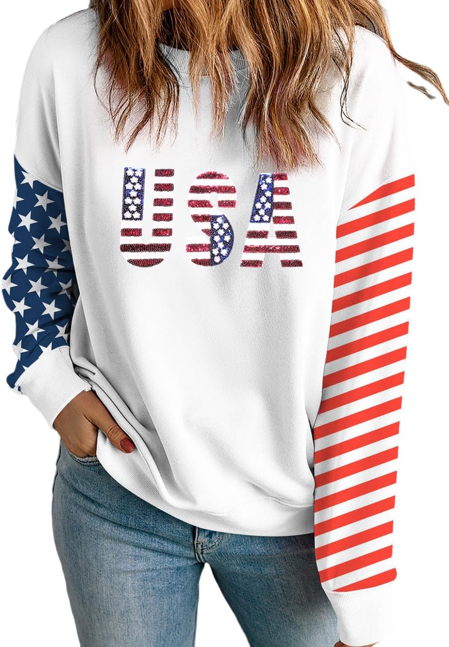 Ecosunny Women’s Casual Holiday Mardi Gras Sweatshirt Sequin Print Round Neck Long Sleeve Loose Pullover Tops