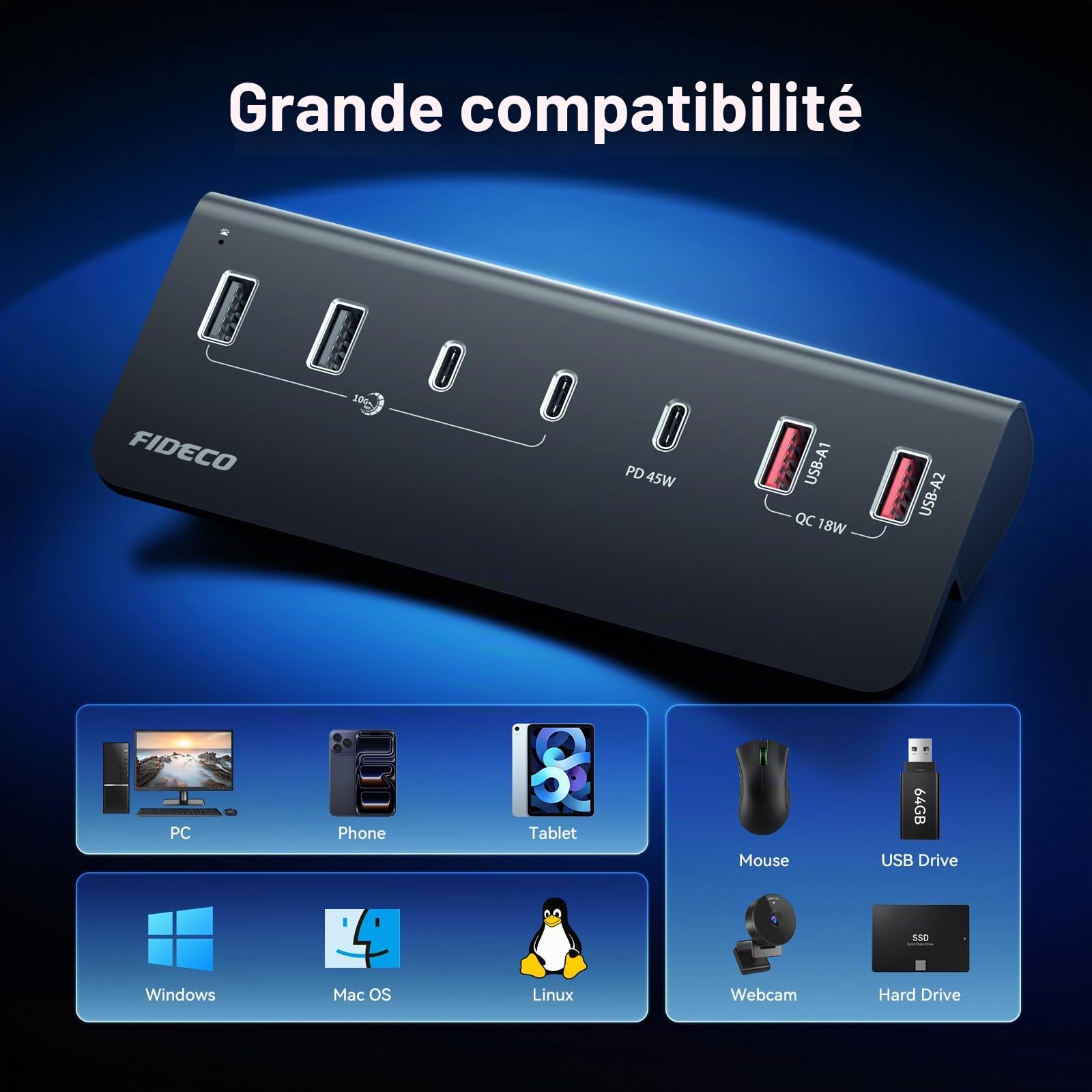 FIDECO Hub Alimenté 7 Ports 72W, Hub USB avec 1 PD 45W, 2 Ports de Charge QC 3.0 et 4 Ports 10Gbps USB 3.2 (2 USB-A + 2 USB-C), Hub USB en Aluminium pour Laptop, PC, MacBook, iPhone 17/16/15