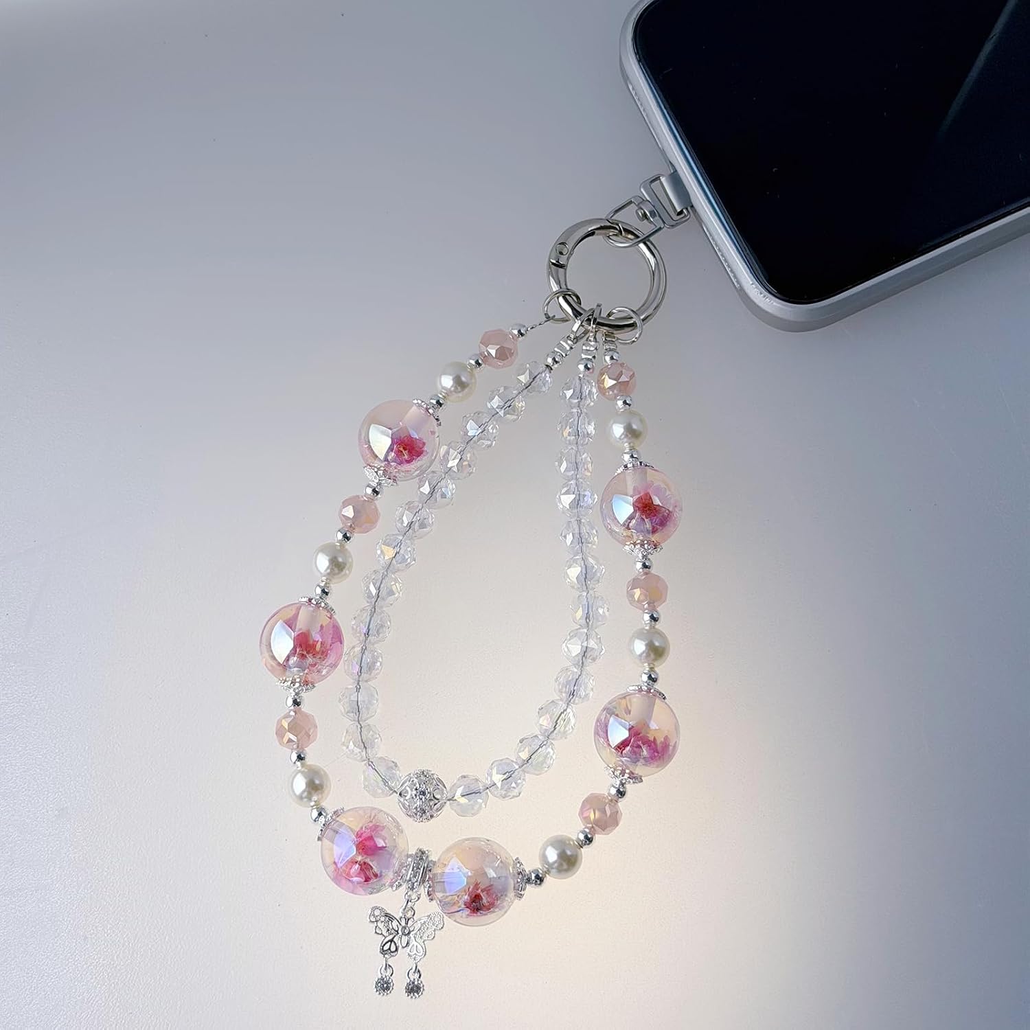 3D Dried Flower Beaded Phone Charm, Pink Purple Gradien