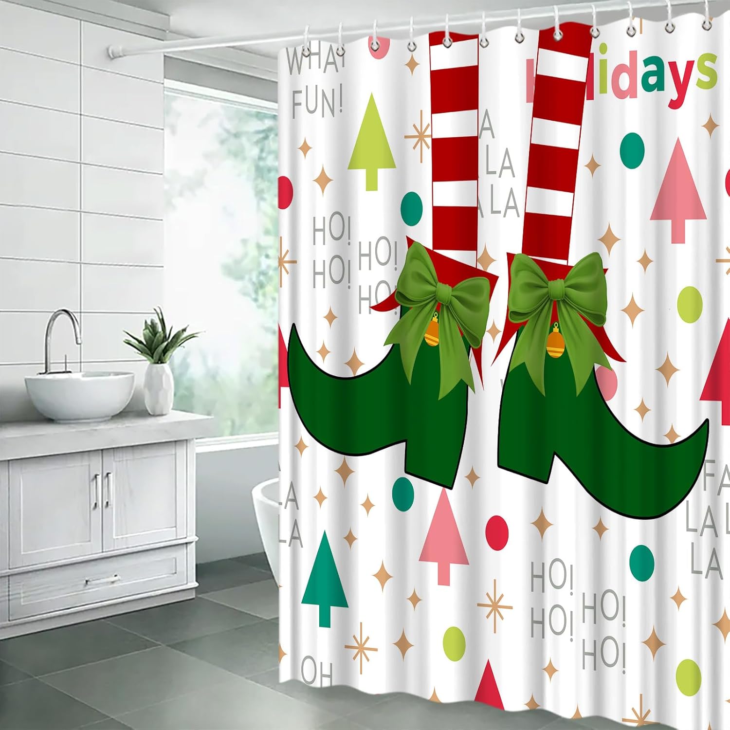 Christmas Elf Shower Curtain Red Green Elf Legs Funny Quotes Cartoon Creative Merry Christmas Winter Holiday Bathroom Decor Fabric Curtain with Hooks