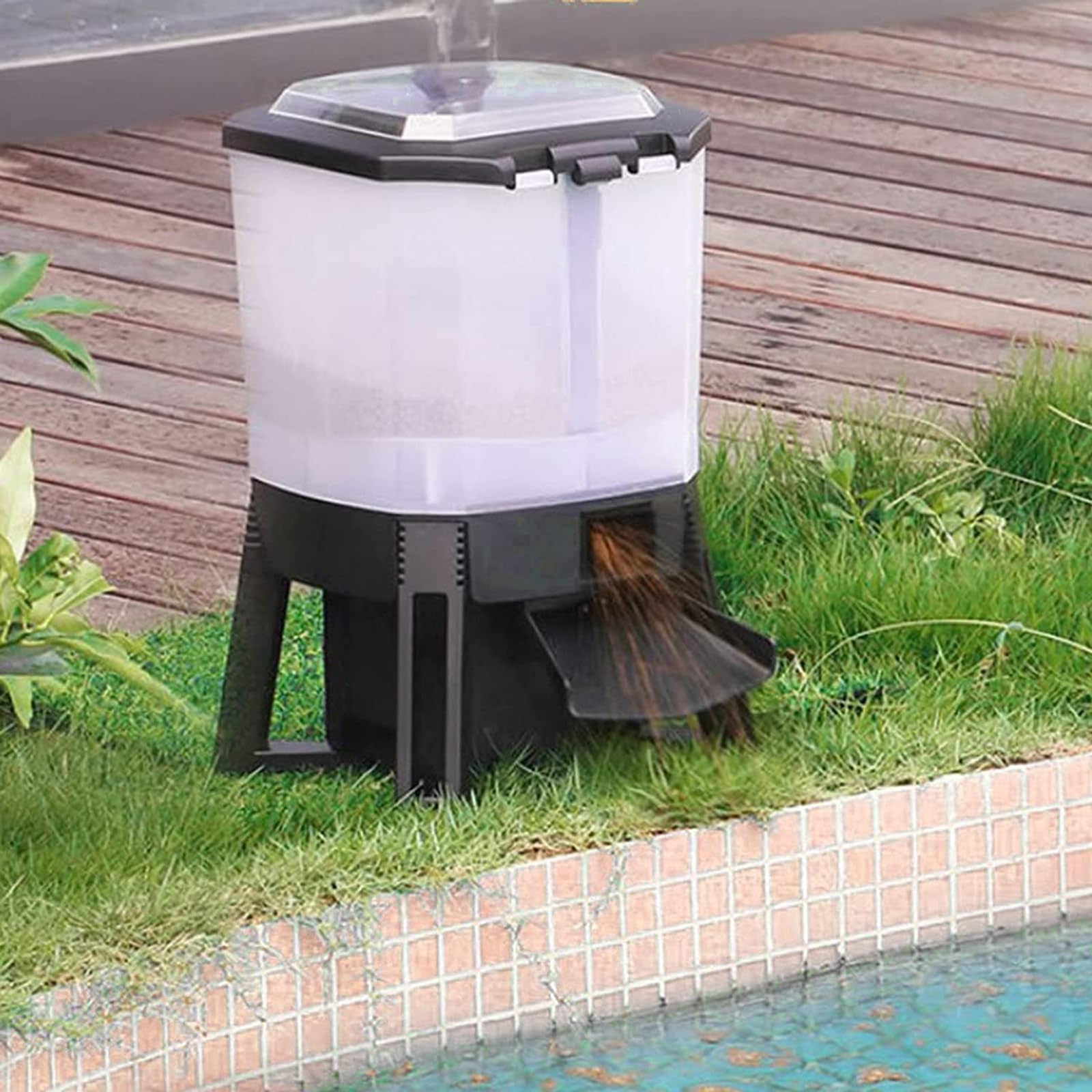 Karmnik dla ryb o dużej powierzchni, 6 l solarny automatyczny karmnik dla ryb z 4 prętami wkładanymi, rozmiar cząstek karmy dla ryby: 3-8 mm/dokładny czas/karmienie natryskowe 120°, używany do