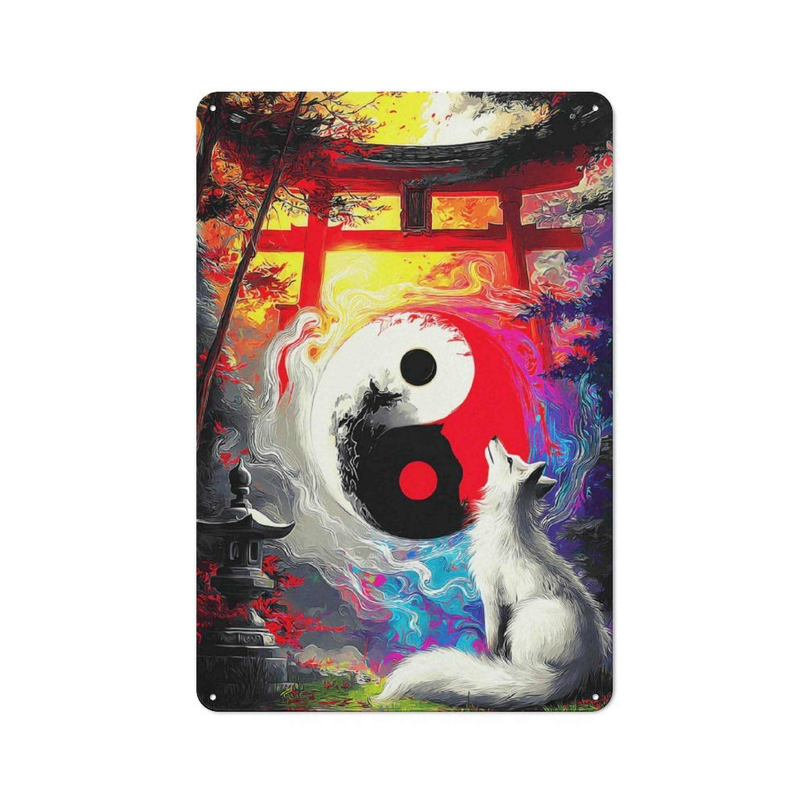 Junmoney Yin-Yang Fox Spirit Gate Shop Front Style Metal Wall Decor 30X20cm, Vintage Metal Sign For Tea Room, Shop Wall Or Breakfast Area