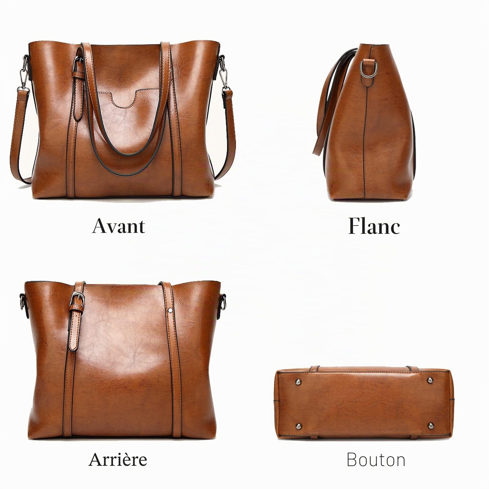 Sac à main en cuir souple pour femme - Grande capacité - Style rétro vintage - Avec poignée sur le dessus - Décontracté - Sac à bandoulière