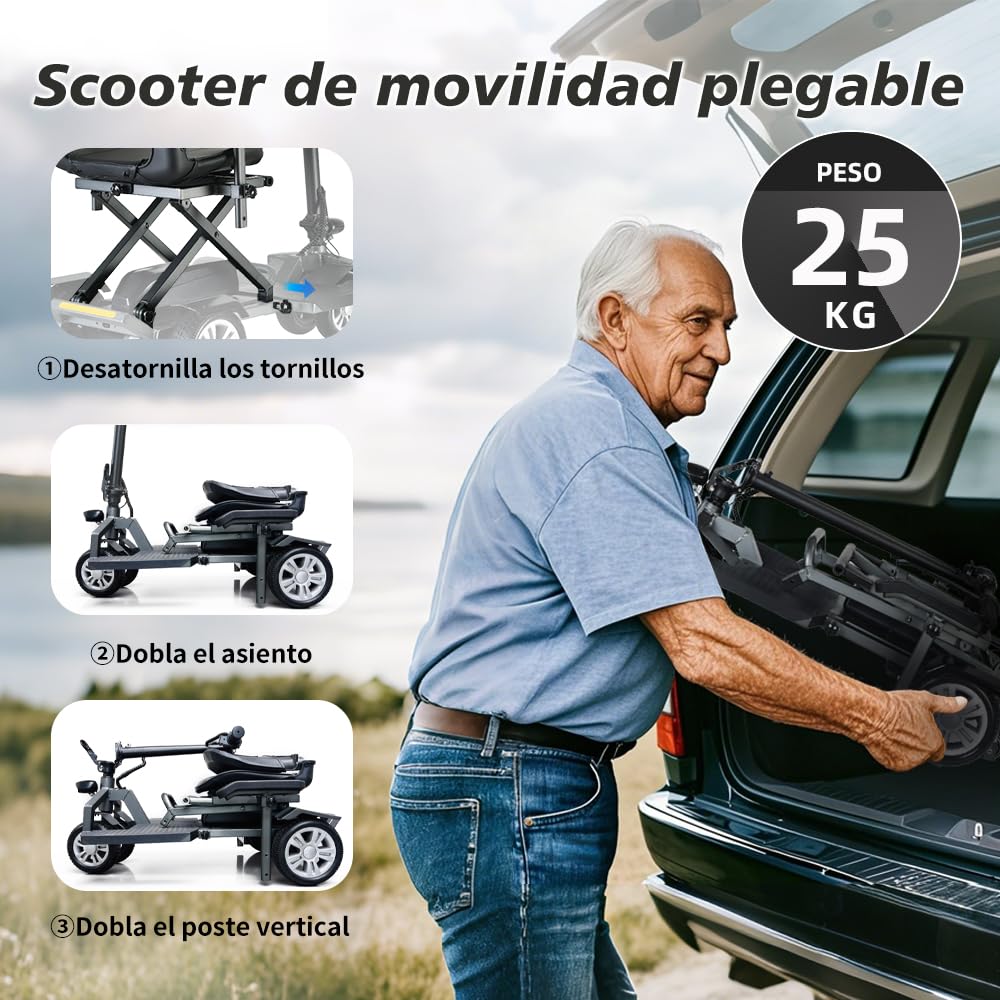 Scooter Minusvalidos Mobility Scooter Para Electrico Discapacitados Autonomía 24 km 8 km/h Plegable Scooter de Movilidad Carga Máx. 150 kg y Luces LED