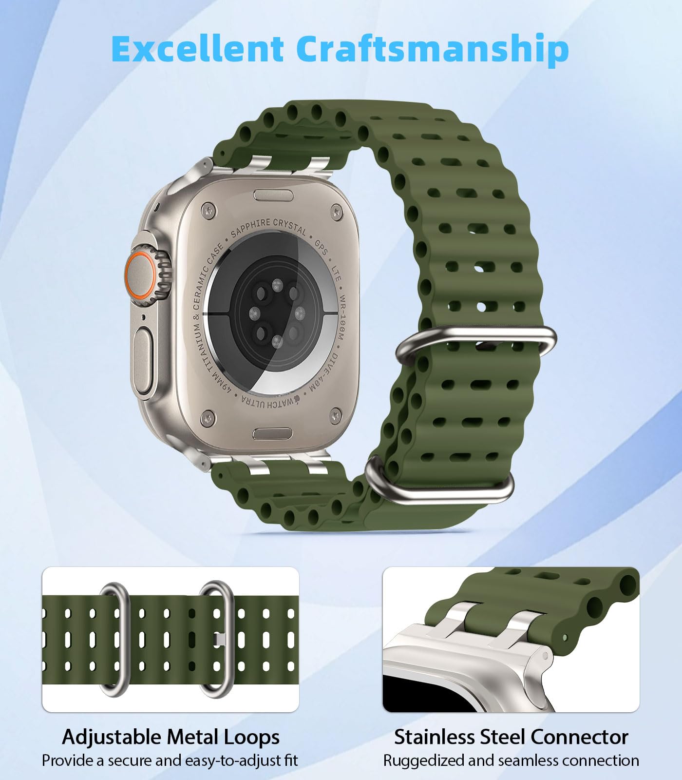 MoKo Bracciale Migliorato in Silicone Sport Oceano per Apple Watch 49mm/46mm/45mm/44mm/42mm - Serie 10/9/8/7/6/5/4/3/SE2/SE/Ultra2/Ultra - Unisex