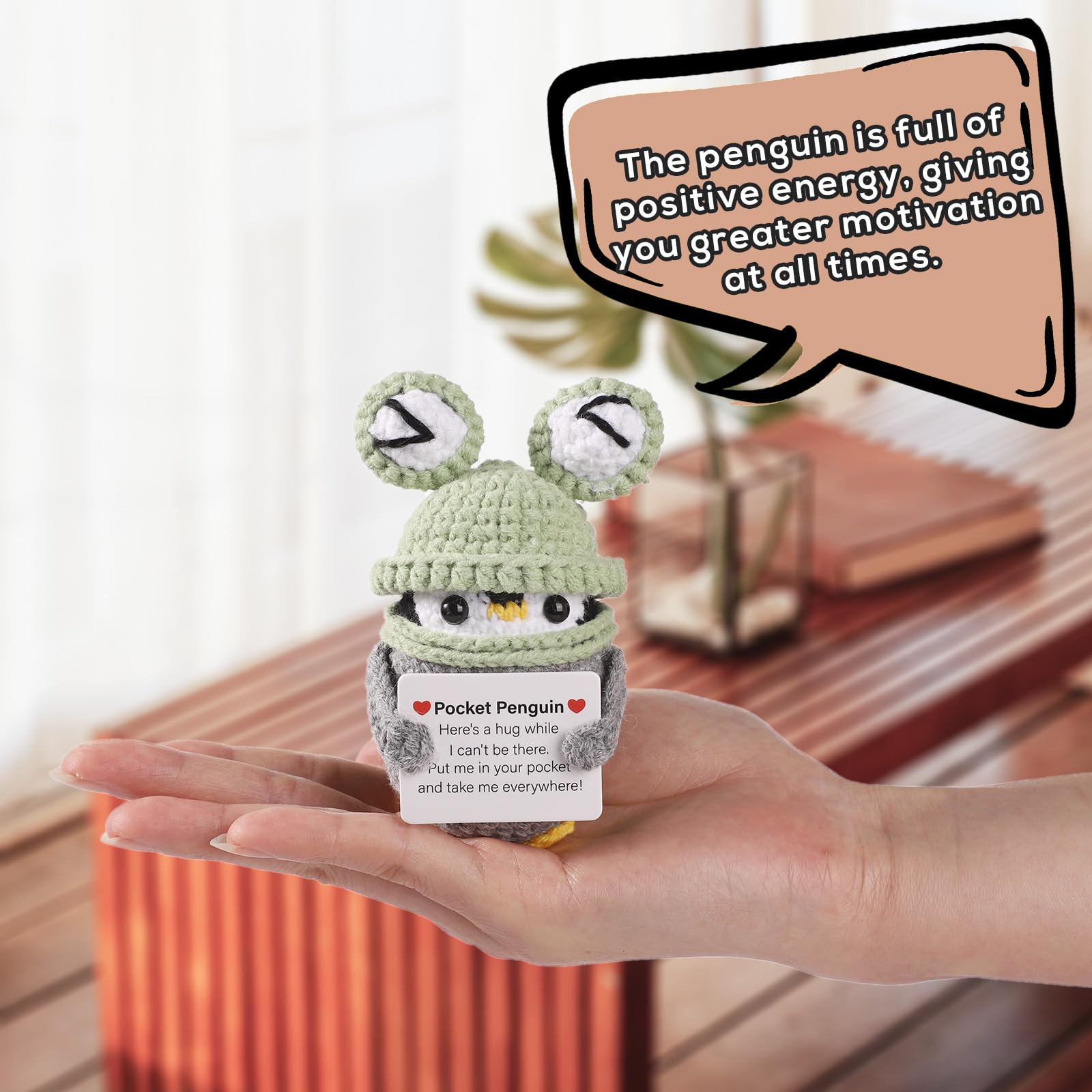 Pingouin Tricoté à La Main Avec Carte Positive - Mini Peluche En Laine 7x7 Cm - Cadeau Encouragement Pour Famille, Amis, Collègues - 2