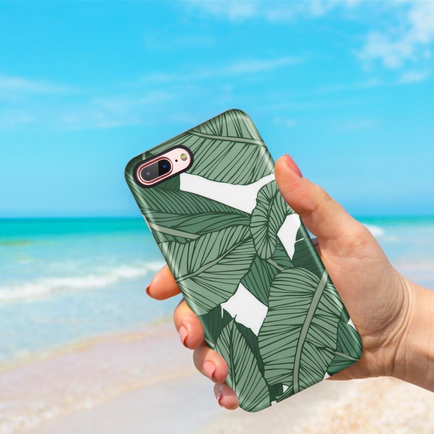 iPhone 7 Plus Case,iPhone 8 Plus Case, Green Banana Leaves Cute Slim Fit Glossy TPU Clear Bumper Soft Rubber Silicone Thin Protective Phone Case Cover for iPhone 7 Plus/iPhone 8 Plus