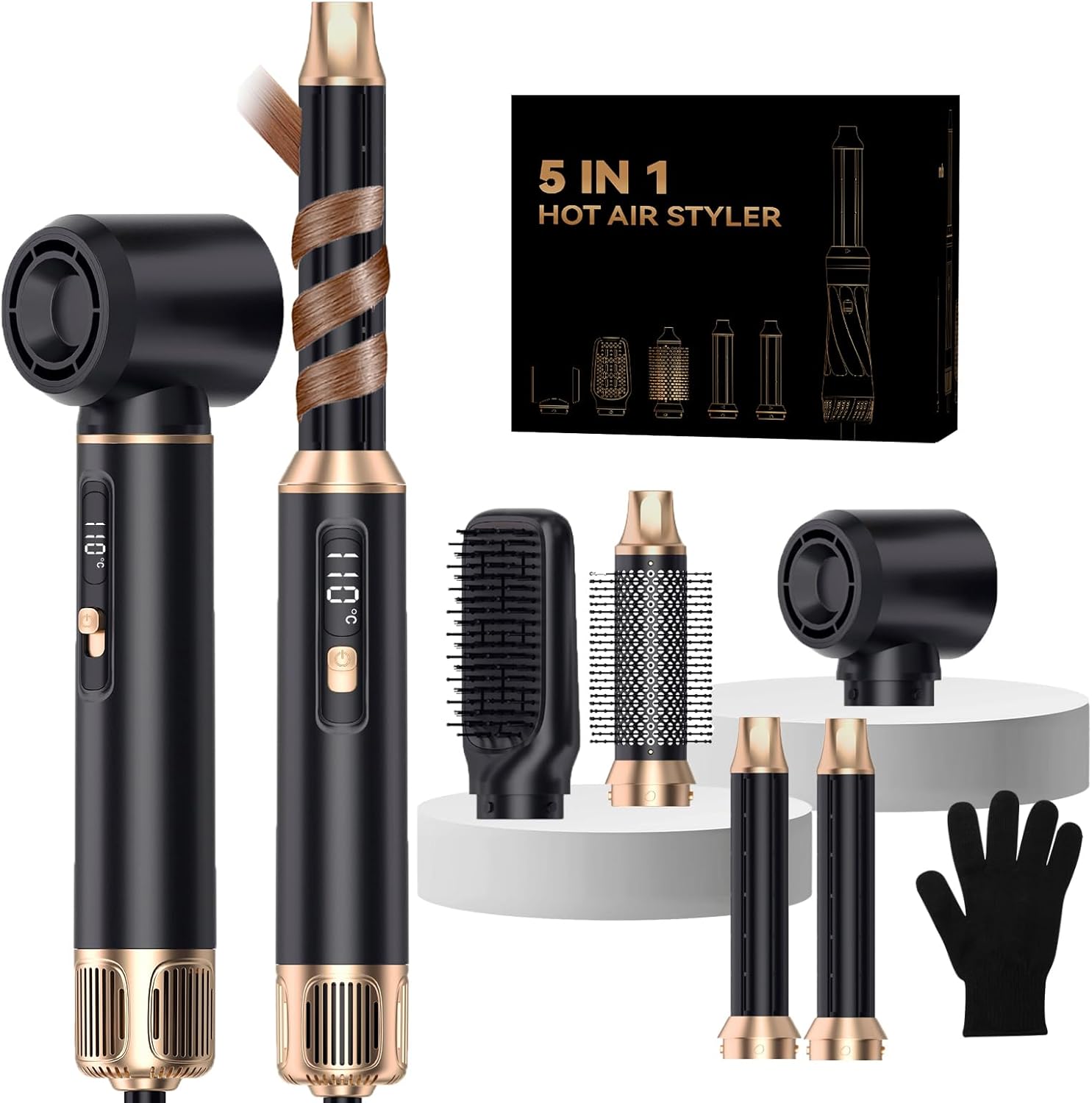 Hair Dryer Brush 5 in 1, Blow Dryer Brush Set with Air Curler Wrap Hair Styler, Negative Ionic Blow Dry Brush, Detachable Hair Tool for Curling, Volumizer,Straightener,Drying