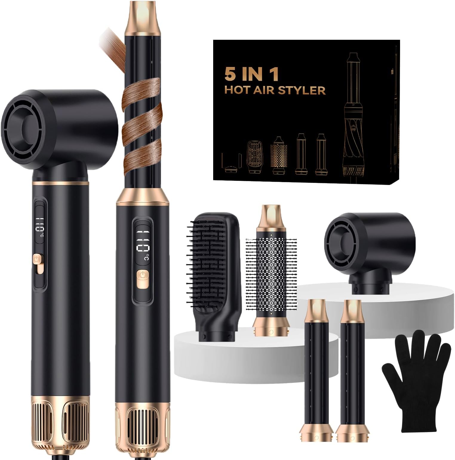 Hair Dryer Brush 5 in 1, Blow Dryer Brush Set with Air Curler Wrap Hair Styler, Negative Ionic Blow Dry Brush, Detachable Hair Tool for Curling, Volumizer,Straightener,Drying
