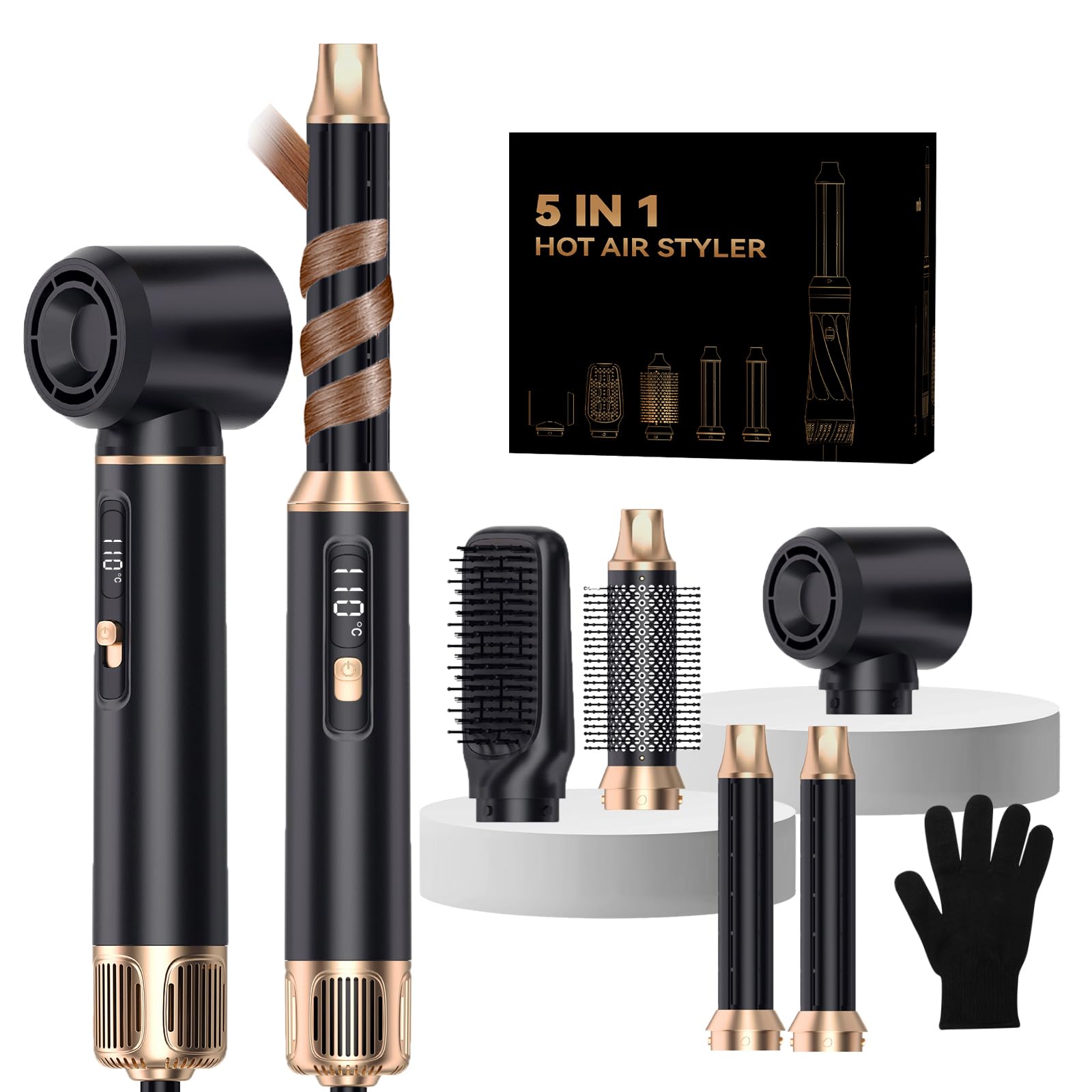 5 in 1 Blow Dryer Brush,Hair Dryer Brush Set,Negative Ionic Blow Dry Brush with Air Curler Wrap Hair Styler, Detachable Hair Tool for Curling, Volumizer,Straightener,Drying