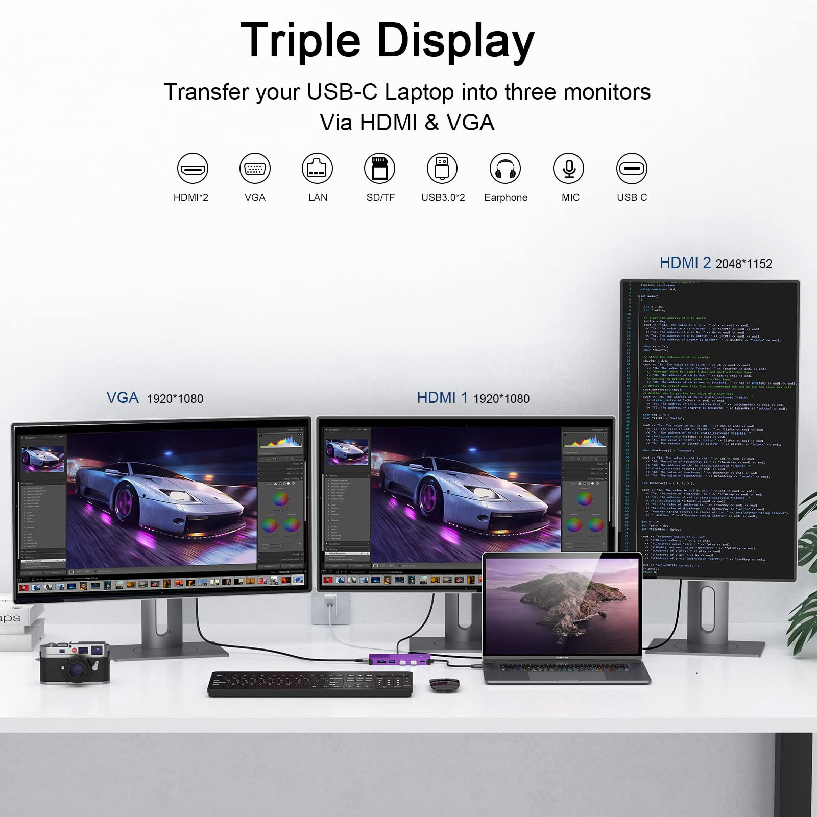 Docking station USB GIQ USB C hub USB 3.0 a doppio adattatore HDMI VGA triplo display USB C Docking station per laptop Dual Display compatibile con MacBook M1 USB Dock-Viola
