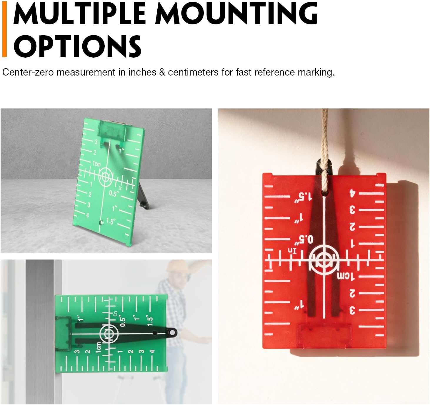 Laser Target Plate Card Set, 4-Pack Magnetic Floor Laser Target with Stand, Green and Red Laser Plates Enhances Visibility 1.3X, Dual Scale Alignment for Rotary & Cross Line Laser Level