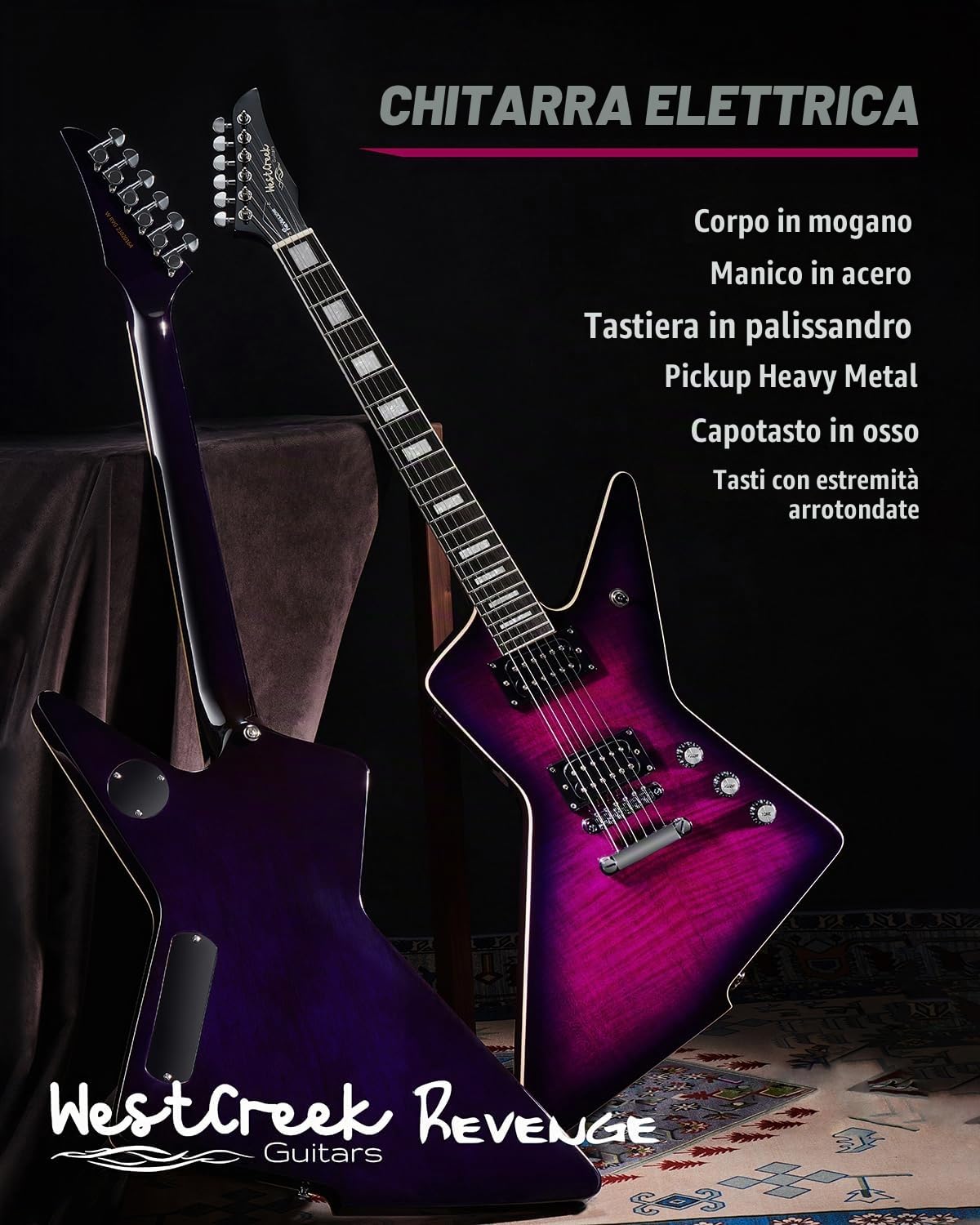 WestCreek Guitars Revenge Chitarra Elettrica, Heavy Metal Corpo Solido Electric Guitar, Corpo Mogano, Acero Collo, Palissandro Tastiera, Capotasto in Osso, 22 Tasti