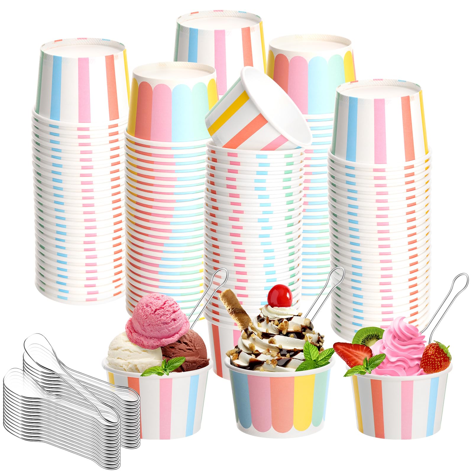 Boao 100 Set 5 oz Ice Cream Cups with Spoons Disposable Paper Sundae Dessert Bowls Summer Party Supplies (Striped Style)