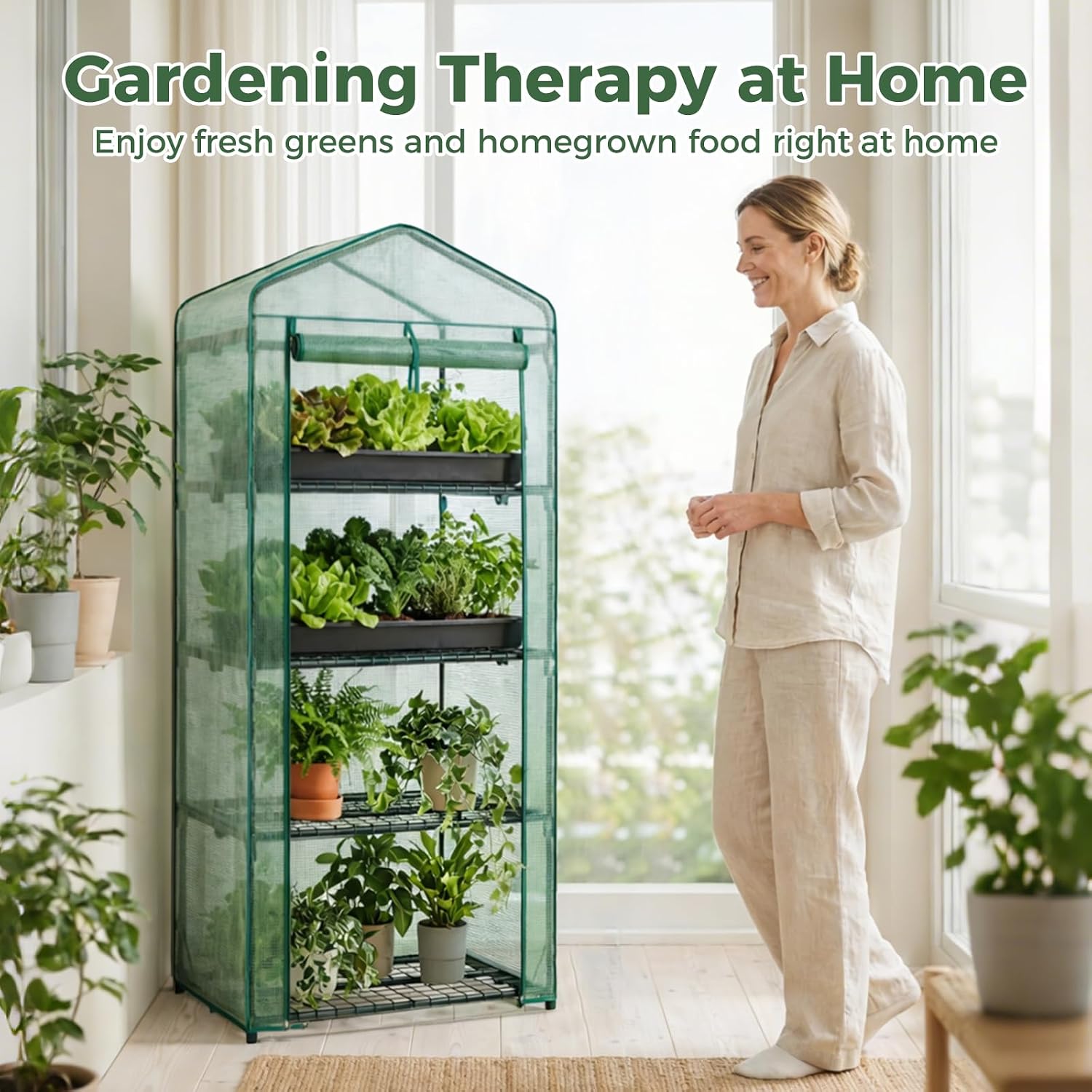 NEWBULIG 4-Tier Mini Greenhouse for Outdoors, Small Green House with Sturdy Frame and Durable Green PE Cover, Portable Greenhouse for Outside and Indoor Use, 27.17 x 19.29 x 63.4 Inches