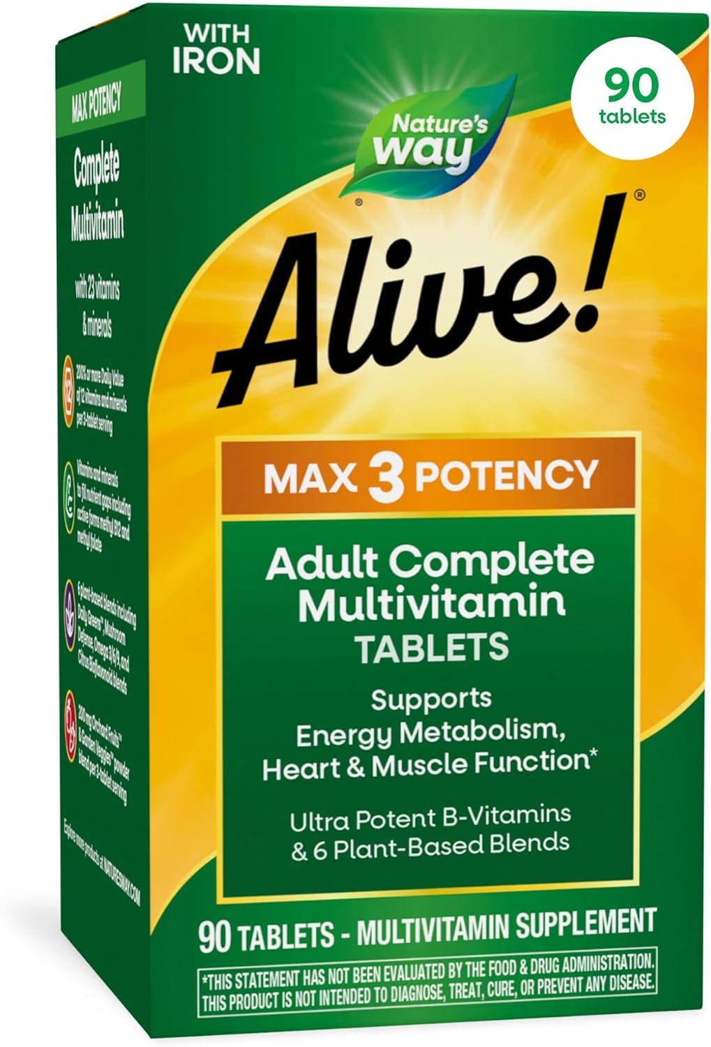 Nature’s Way Alive! Max3 Potency Daily Multivitamin with Iron, High Potency Adult Multivitamins to Support Cellular Energy Metabolism, Heart, and Muscle Function* for Women & Men, 90 Tablets