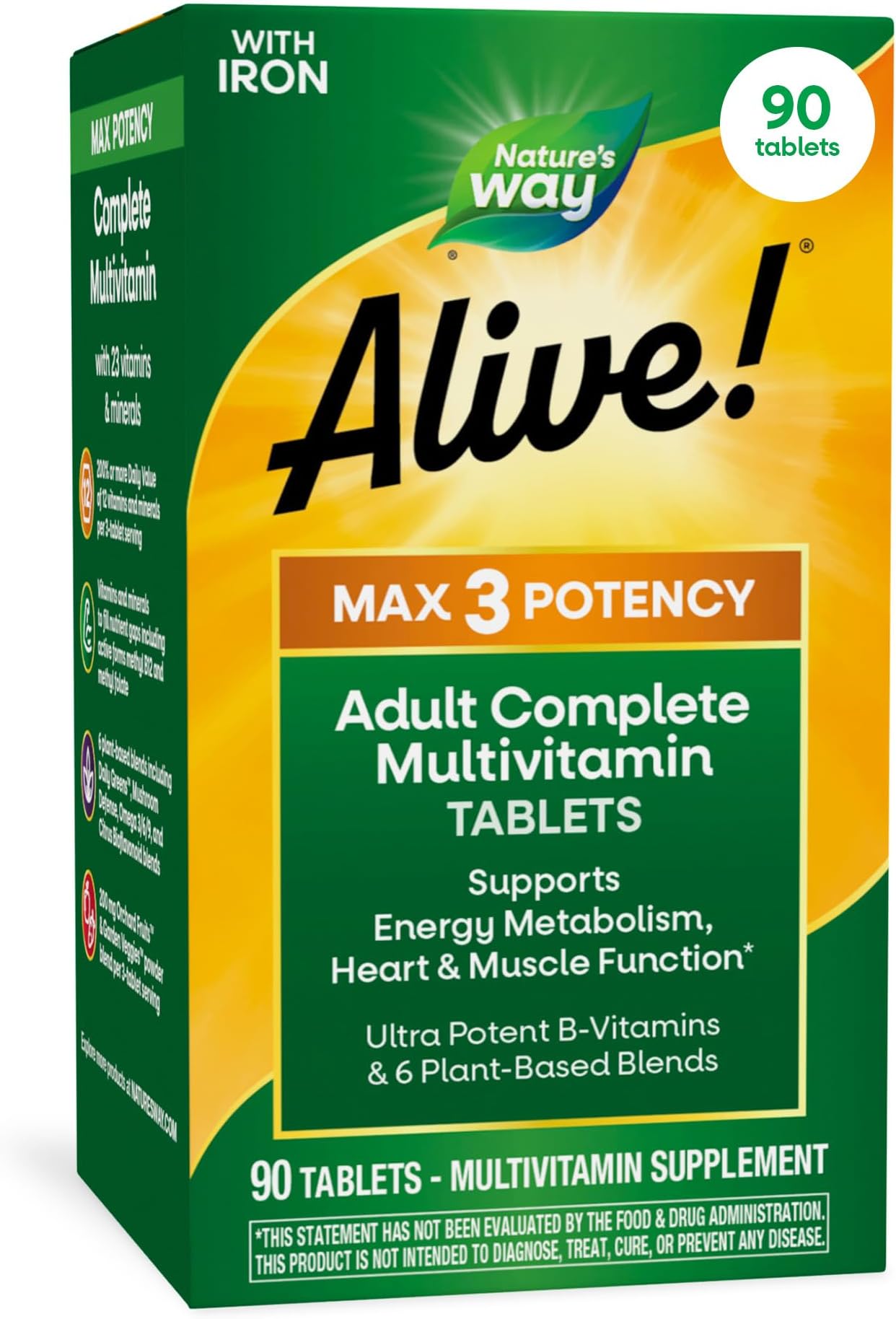 Nature’s Way Alive! Max3 Potency Daily Multivitamin with Iron, High Potency Adult Multivitamins to Support Cellular Energy Metabolism, Heart, and Muscle Function* for Women & Men, 90 Tablets