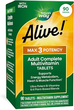 Natures Way Alive! Max3 Potency Daily Multivitamin with Iron, High Potency Adult Multivitamins to Support Cellular Energy Metabolism, Heart, and Muscle Function* for Women & Men, 90 Tablets