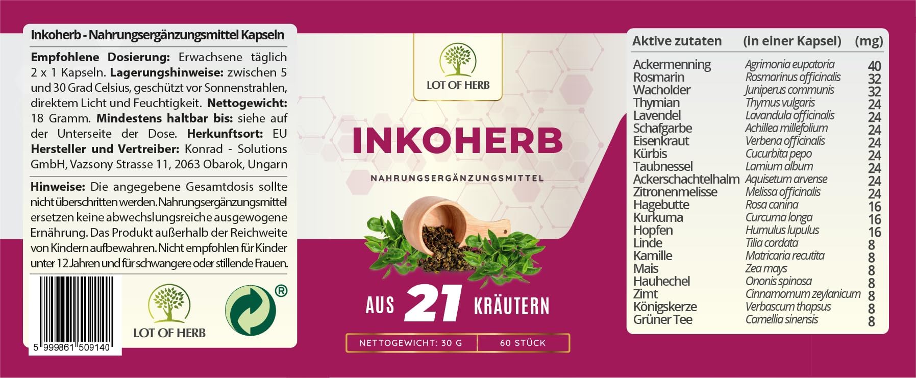 Inkoherb aus 21 Kräuter zur natürlichen Stärkung der Blasenfunktion - Kann bei Inkontinenz Blasenschwäche Harndrang unterstützen - Nahrungsergänzungsmittel für Frauen und Männer - 60Stk