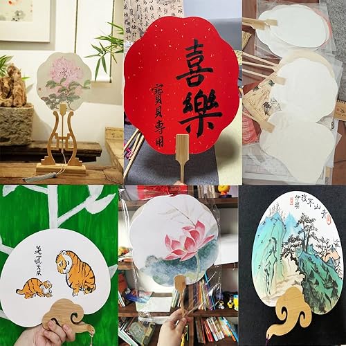 Miniatura 6 de Paquete de 3 abanicos de papel liso Shuen Xuan, abanicos de papel para iglesia, ventilador de mano, pequeño abanico redondo blanco en blanco para