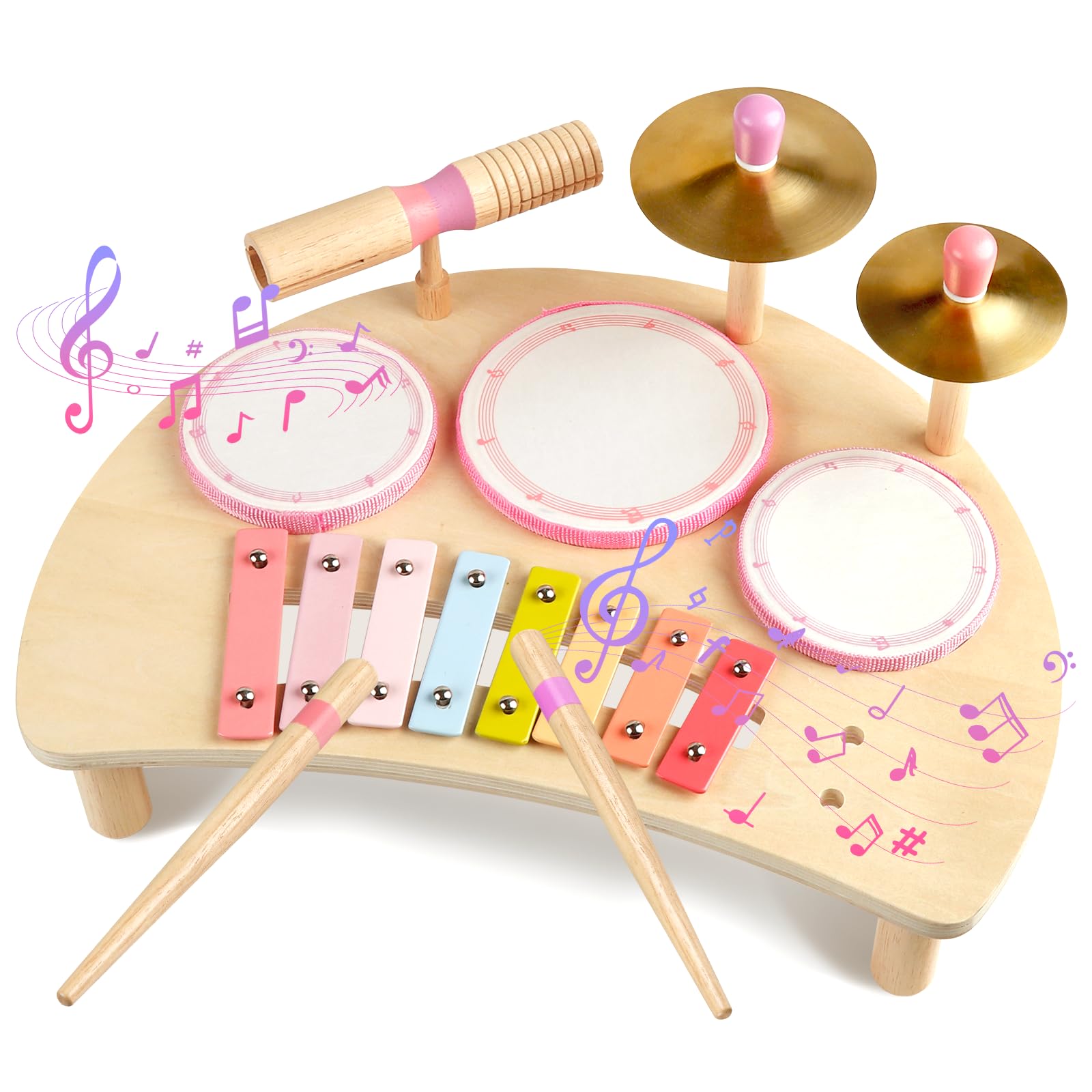 Kids Drum Set Montessori Musical Instruments for Toddlers 1-3 Wooden Baby Drum Kit with Xylophone Preschool Music Toys