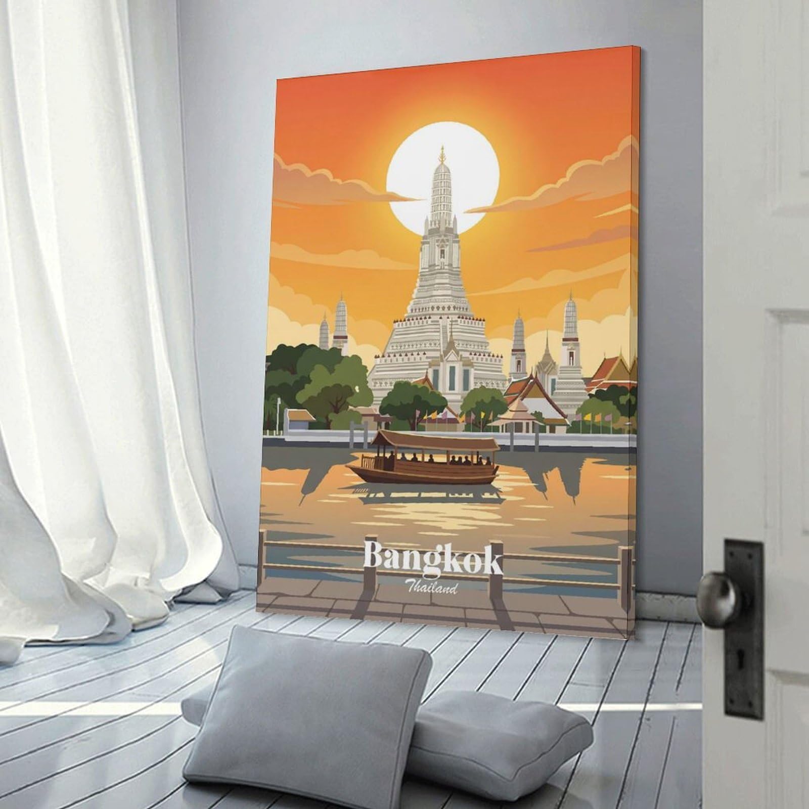 Junmoney Hanging Wall Art Bangkok Thailand Wat Arun Sunset, 20x30inch(50x75cm), for Living Room, Bedroom Or Apartment Walls, Decorative Artwork for Empty Walls