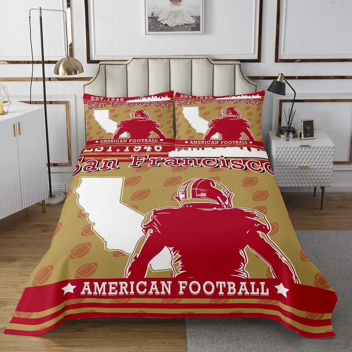 jejeloiu Football Coverlet Set Sports Game Bedspread for Kids Boys Girls American Football City Bedspread Red Gold Quilted (San Francisco) with 2 Pillowcases 3Pcs Bedding King