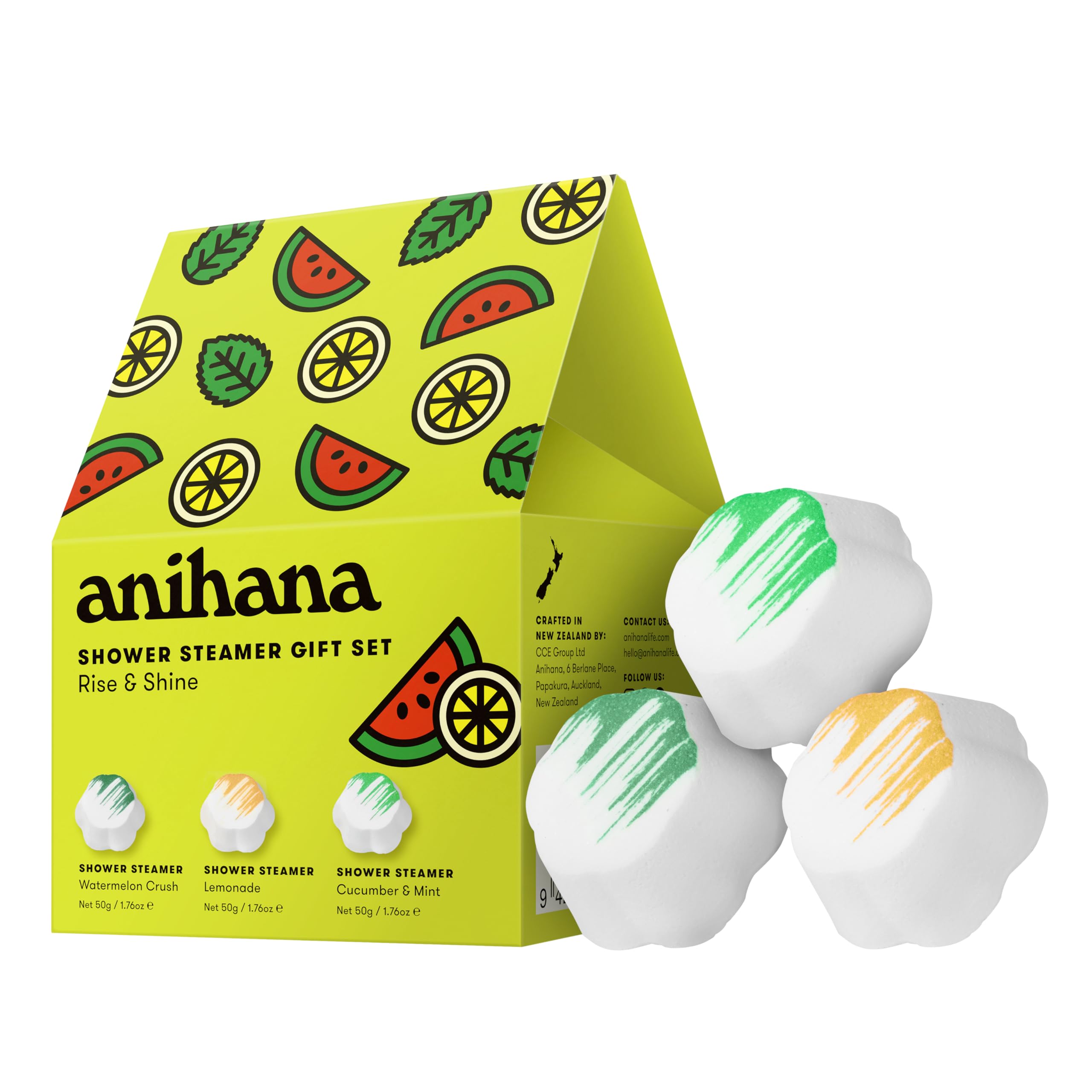 ANIHANA Shower Steamers Rise &amp; Shine 3 Pack Gift Set, Paraben Free, Watermelon Crush, Lemonade, Cucumber &amp; Mint, 1.76 oz Each