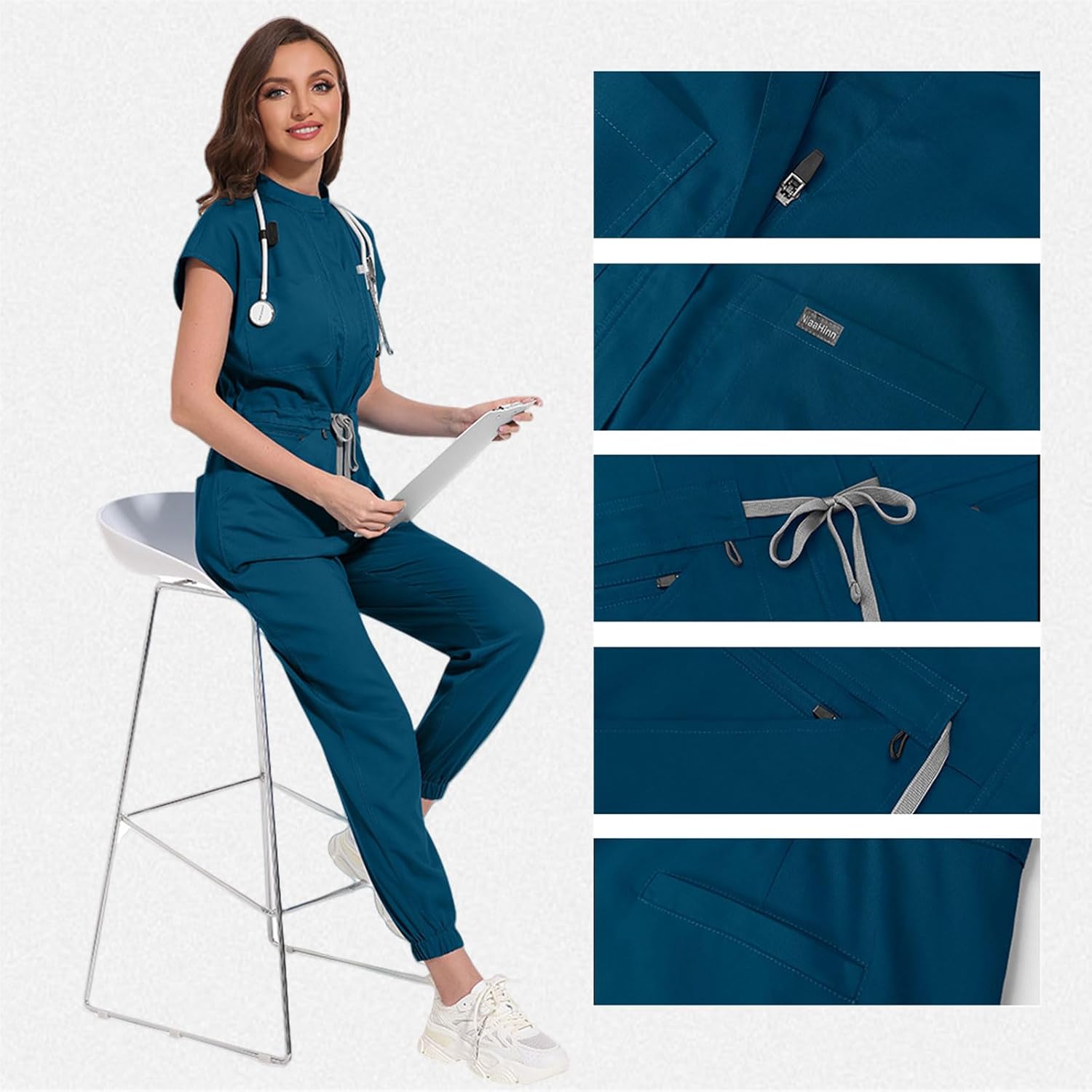 Women's Scrubs Jumpsuit - Soft Stretch Medical Scrub Set with Pockets, Comfortable Nurse & Doctor Workwear(Blue,S) - Image 5