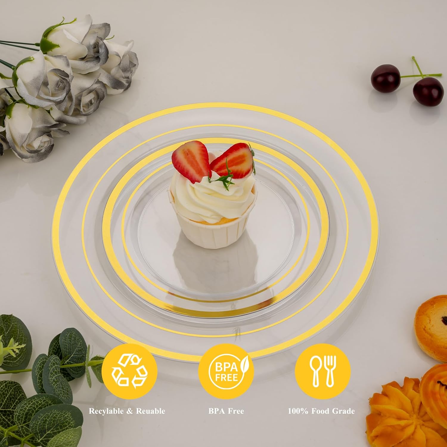 Goodluck 200PCS Clear Gold Plastic Plates, Heavy Duty Disposable Clear Plates with 100 10.25 inch Dinner Plates and 100 7.5 inch Dessert Plates for Party, Holiday, Wedding, Thanksgiving - Image 2