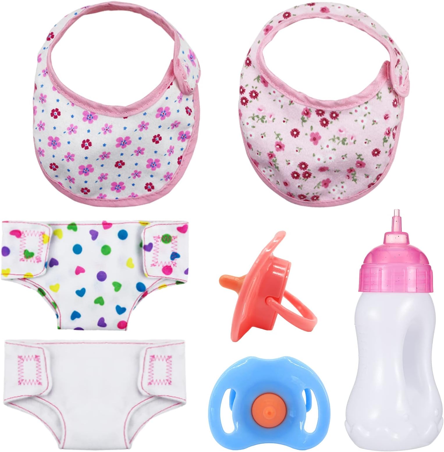 FRIUSATE 7 Pcs 1:12 Scale Doll Accessories Baby Doll Nappies Doll Bibs Doll Baby Bottle and Dummy Set Baby Doll Feeding Set For 14-18 Inch Doll Girls