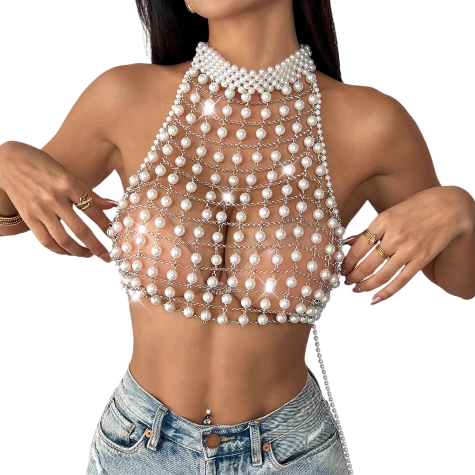 Collana a catena per il corpo di perle multistrato petto festival raves imbracatura accessori gioielli per le donne reggiseno di perle
