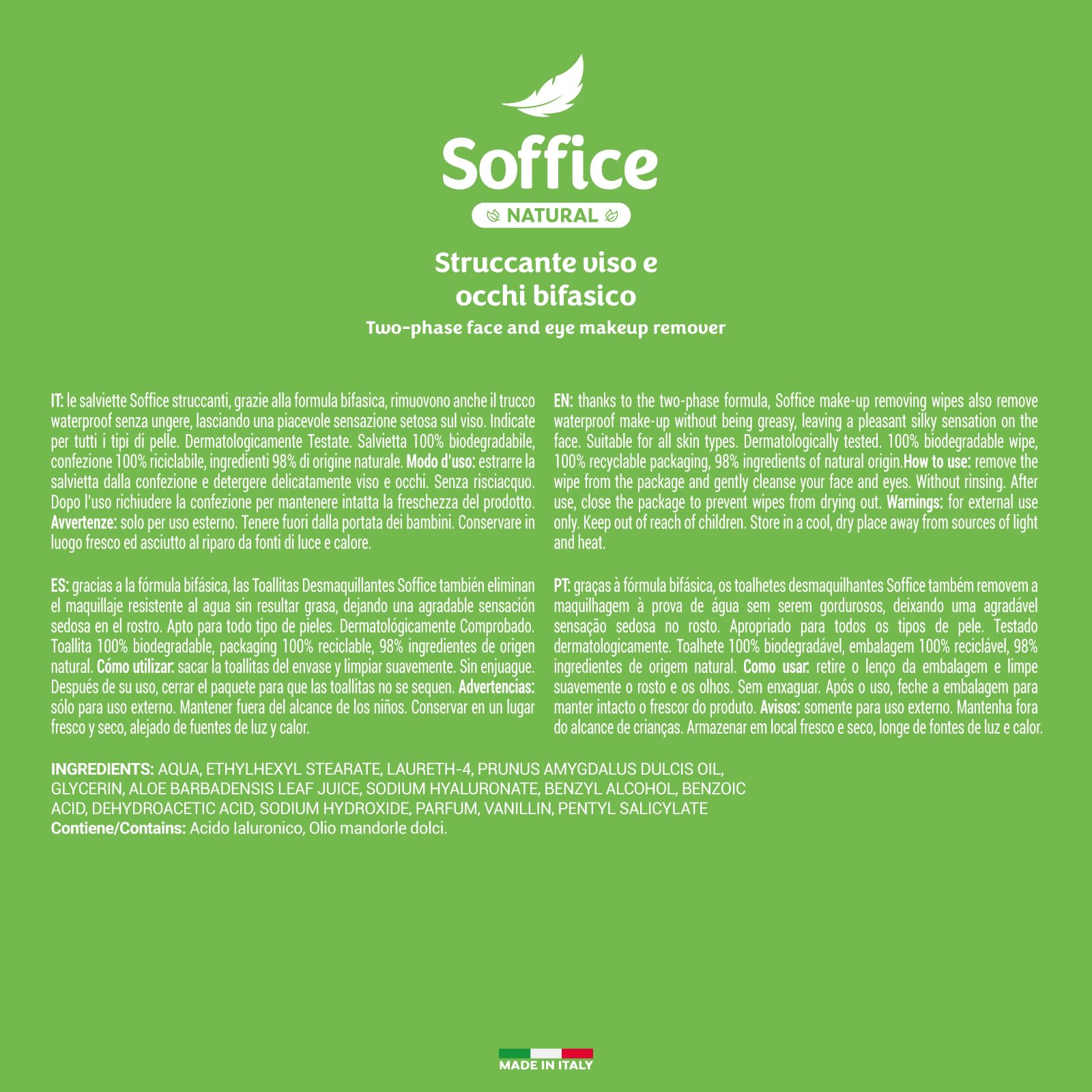Salviette Soffice Natural Struccante Viso e Occhi, Rimuovono Anche il Trucco Waterproof, Formula con Acqua Micellare Bifasica - 20 Confezioni da 20 pz