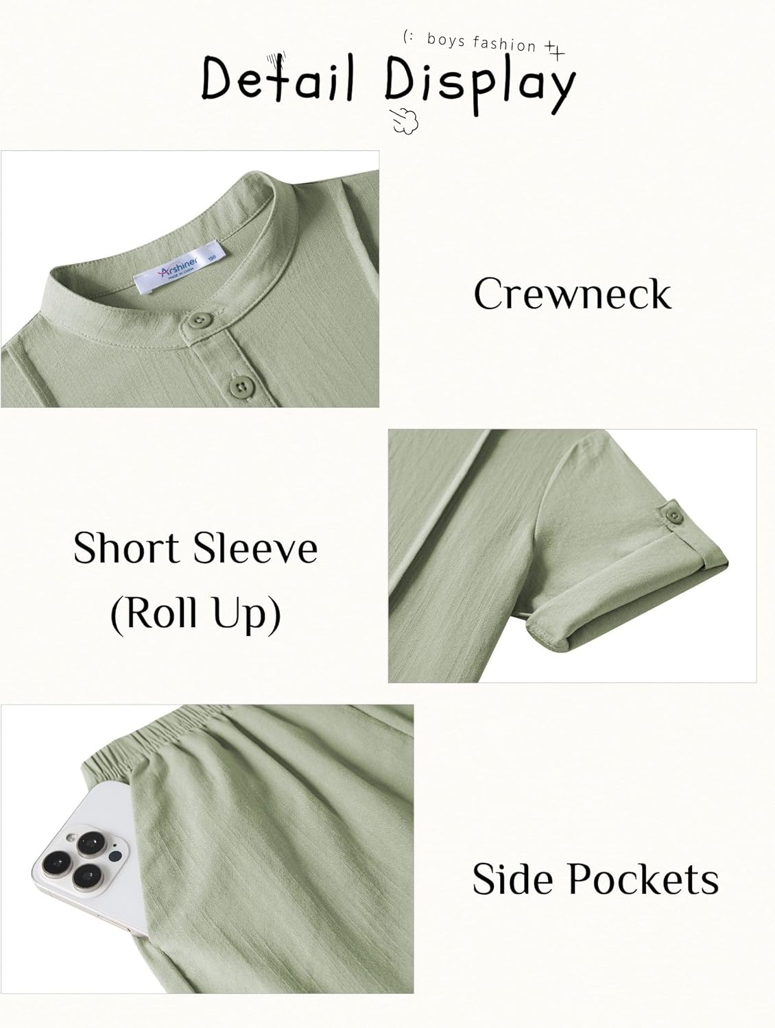 Arshiner Boy's 2 Pieces Linen Sets Short Sleeve Henley Shirt and Shorts Summer Beach Matching Outfits 4-12 Years - Image 7