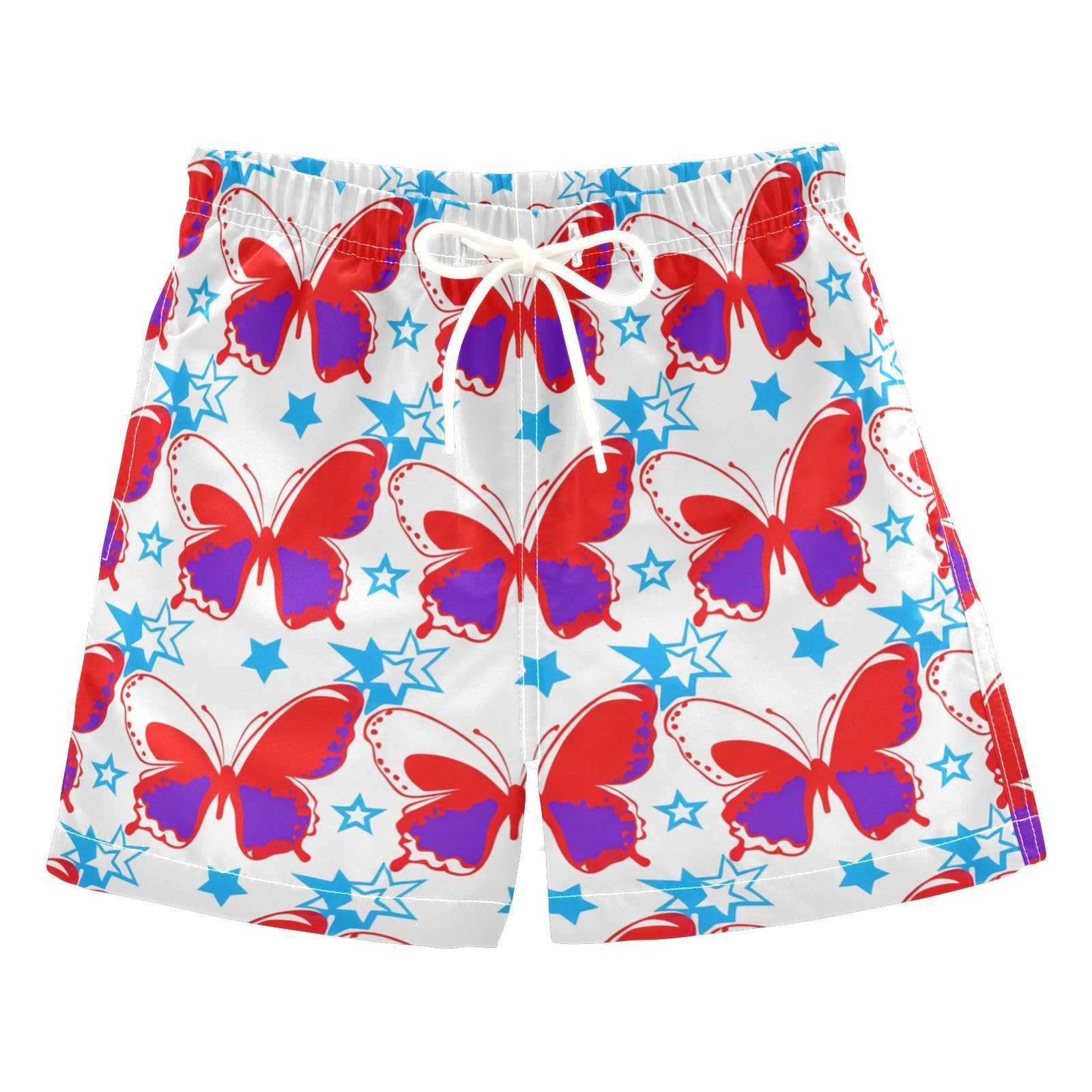 YANENDIE Boy Swim Trunks Red Butterflies Stars Summer Beach Quick Dry Swimsuit Bathing Suit, 2-8T