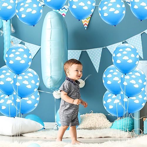 Miniatura 2 de 100 globos de nube azul y blanca de 12 pulgadas con 2 rollos de cintas de plástico, azul medio con nubes, globos de látex mate para niños y niñas,