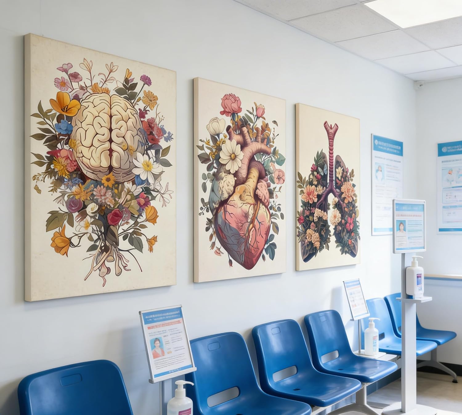 Medical Human Anatomy Canvas Wall Art Vintage Floral Heart Painting Picture Wall Decor Colorful Heart Lungs Brain Aesthetic Poster Print Artwork for Doctor Nurse Office Clinic Hospital Decoration