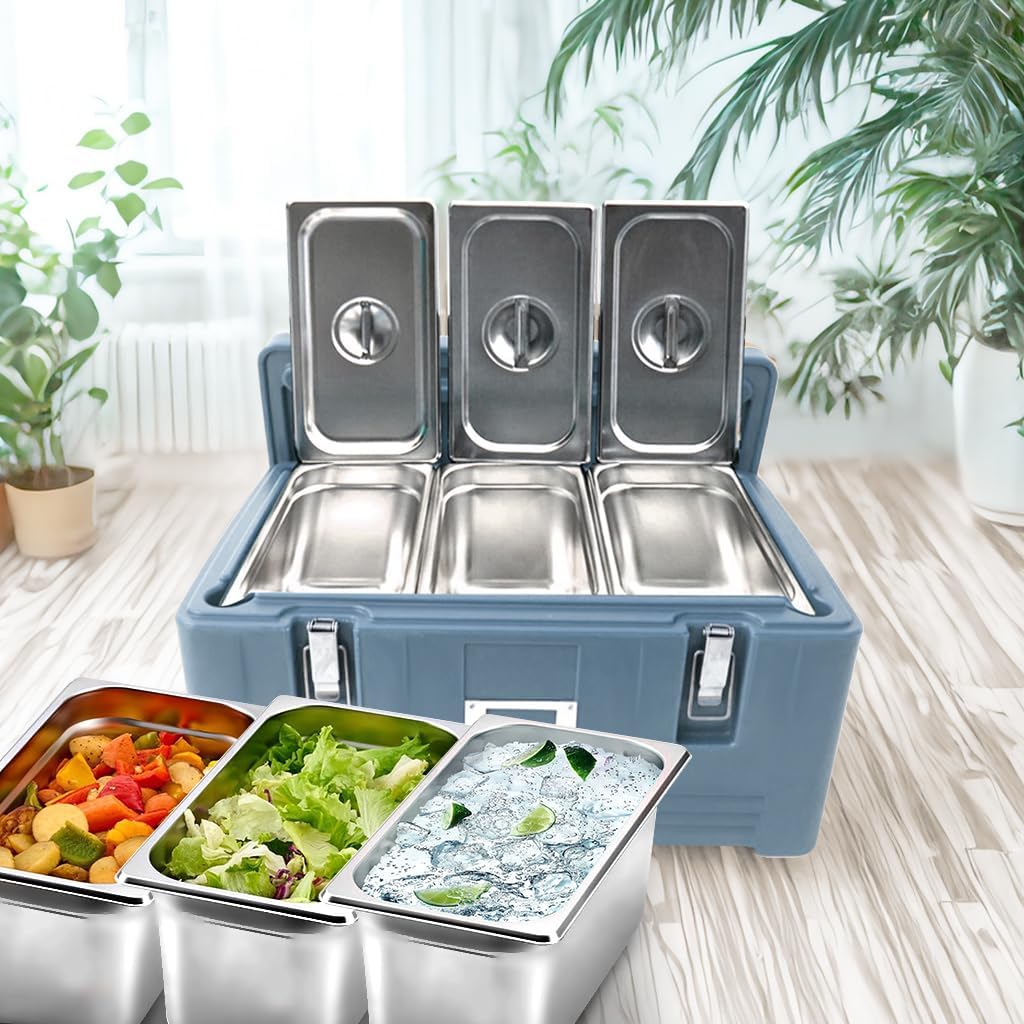 32QT Front end Loading Insulated Food pan Carrier, Catering Food Warmer. with 3 Stainless Steel Pans(with lids), Suitable for Gatherings, buffets, and Restaurants. (Light Gray)