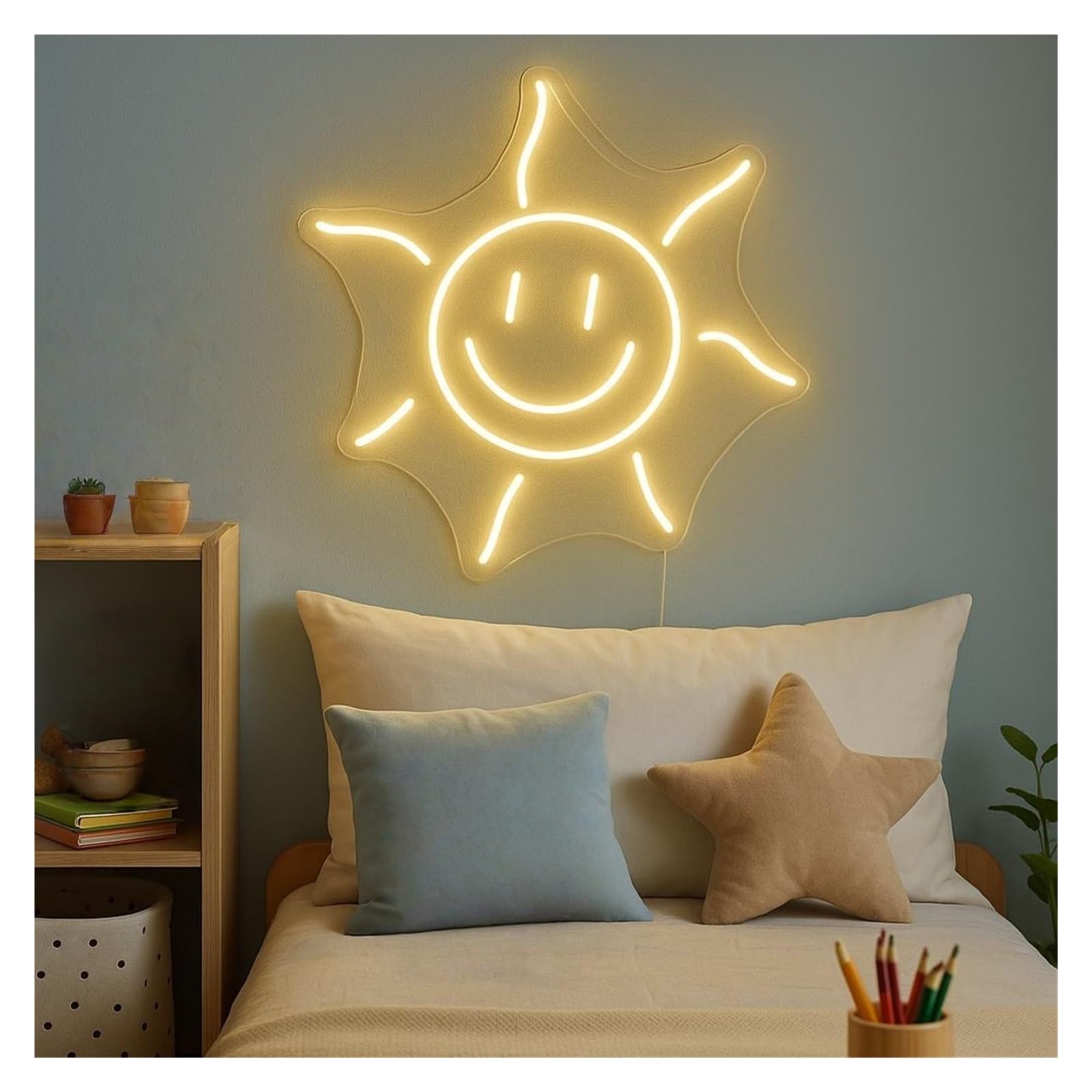 Shouxi B Sign Lamp Happy Sun Neon Sign, Suitable For Kids Room Wall Decor With Dimmable 38Cm