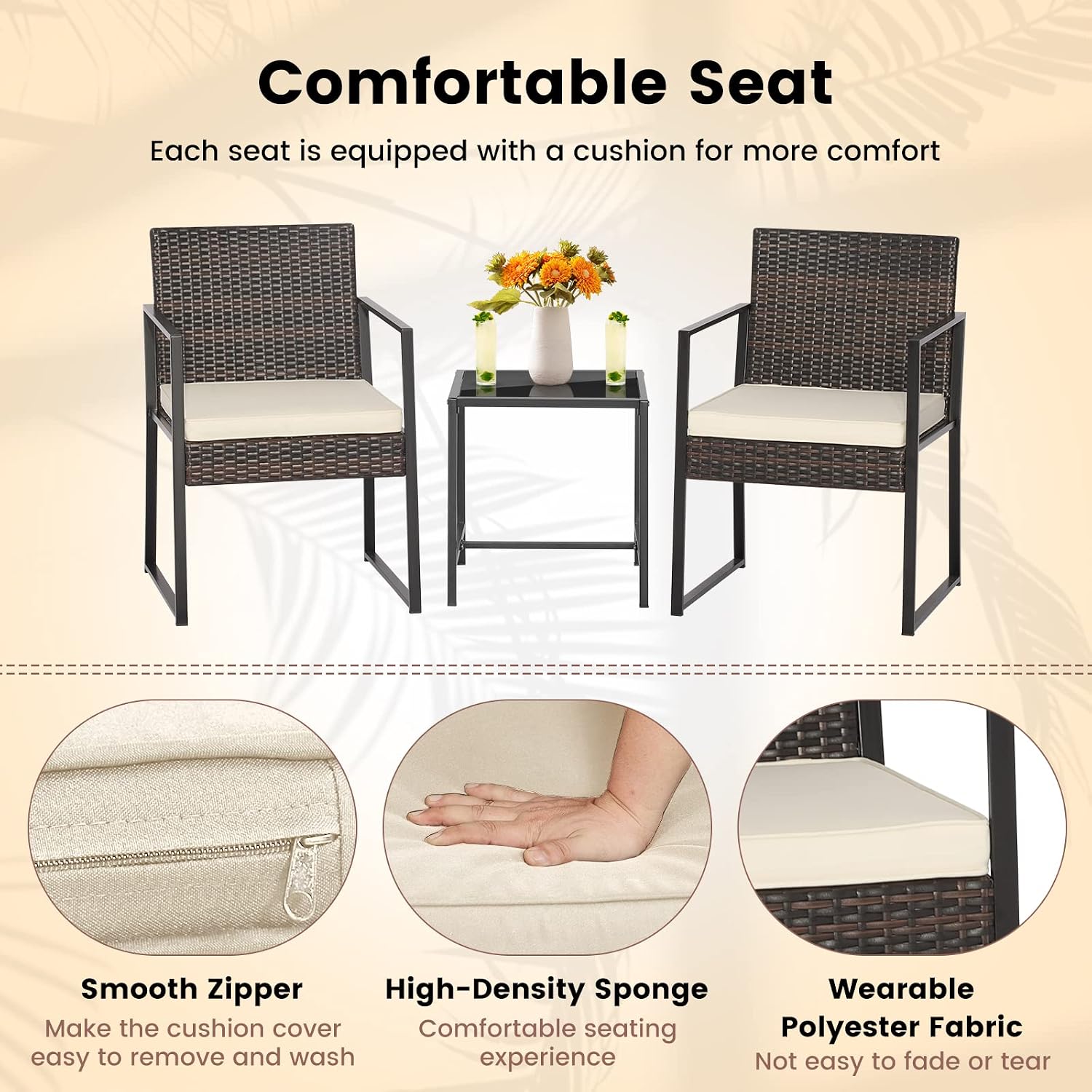 COSTWAY 3 Pieces Patio Bistro Set, Outdoor Rattan Chair Sofa with Coffee Table, 2 Cushions, Wicker Conversation Set for Garden, Balcony, Backyard, Porch, Mix Brown