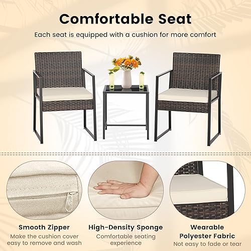 Miniatura 6 de COSTWAY Juego de 3 piezas de patio bistró, sofá de ratán para exteriores con mesa auxiliar, 2 cojines, juego de conversación de mimbre para jardín,