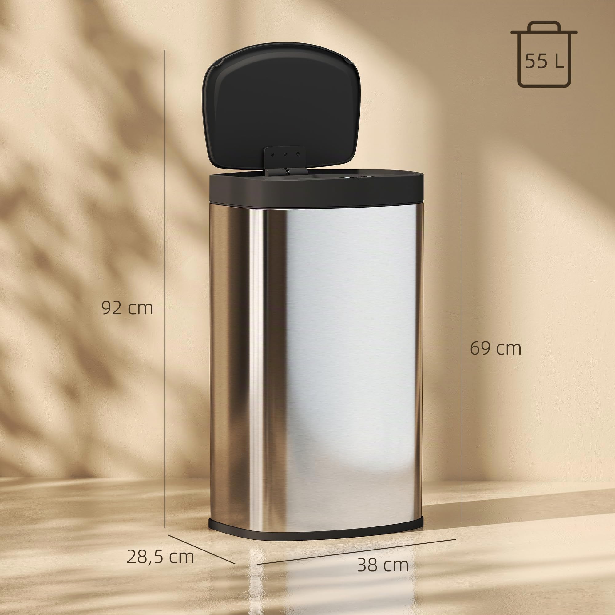 HOMCOM 55L Cubo con sensor, papelera de cocina sin contacto, Plata | Tapa de cierre suave, sensor de movimiento, acero inoxidable resistente a huellas, higiénico para gimnasio, hogar y oficina