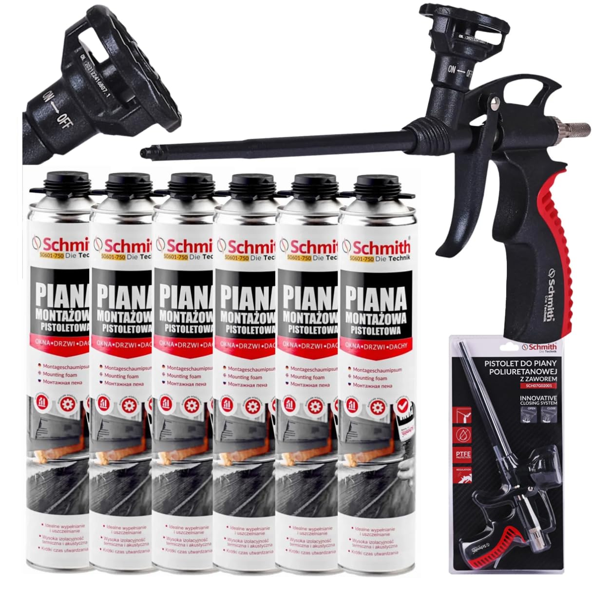 Kit di 6 Schiume Poliuretaniche a Indurimento Rapido con Pistola a Valvola e Sistema PTFE per Montaggio, Sigillatura e Isolamento Acustico, Bassa Espansione - 6x750ml